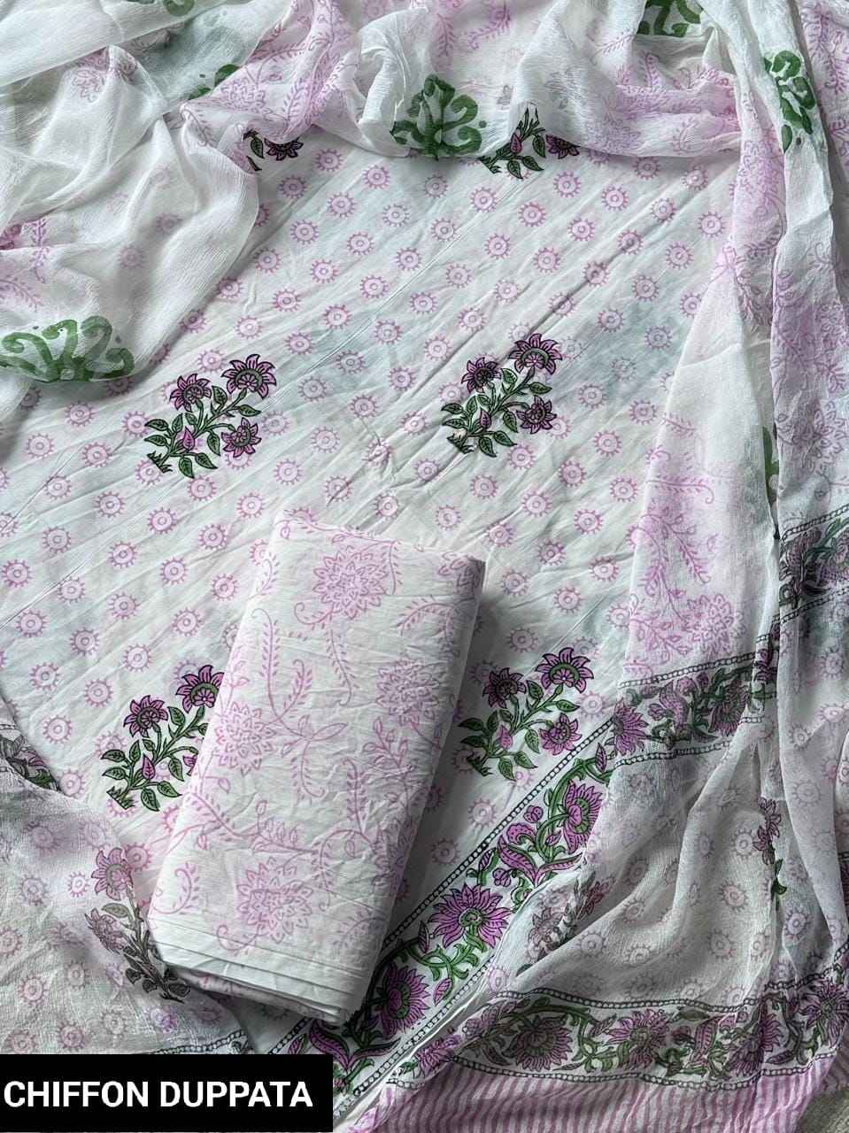 Hand Block Printed Pure Cotton Suit Sets With Chiffon Dupatta