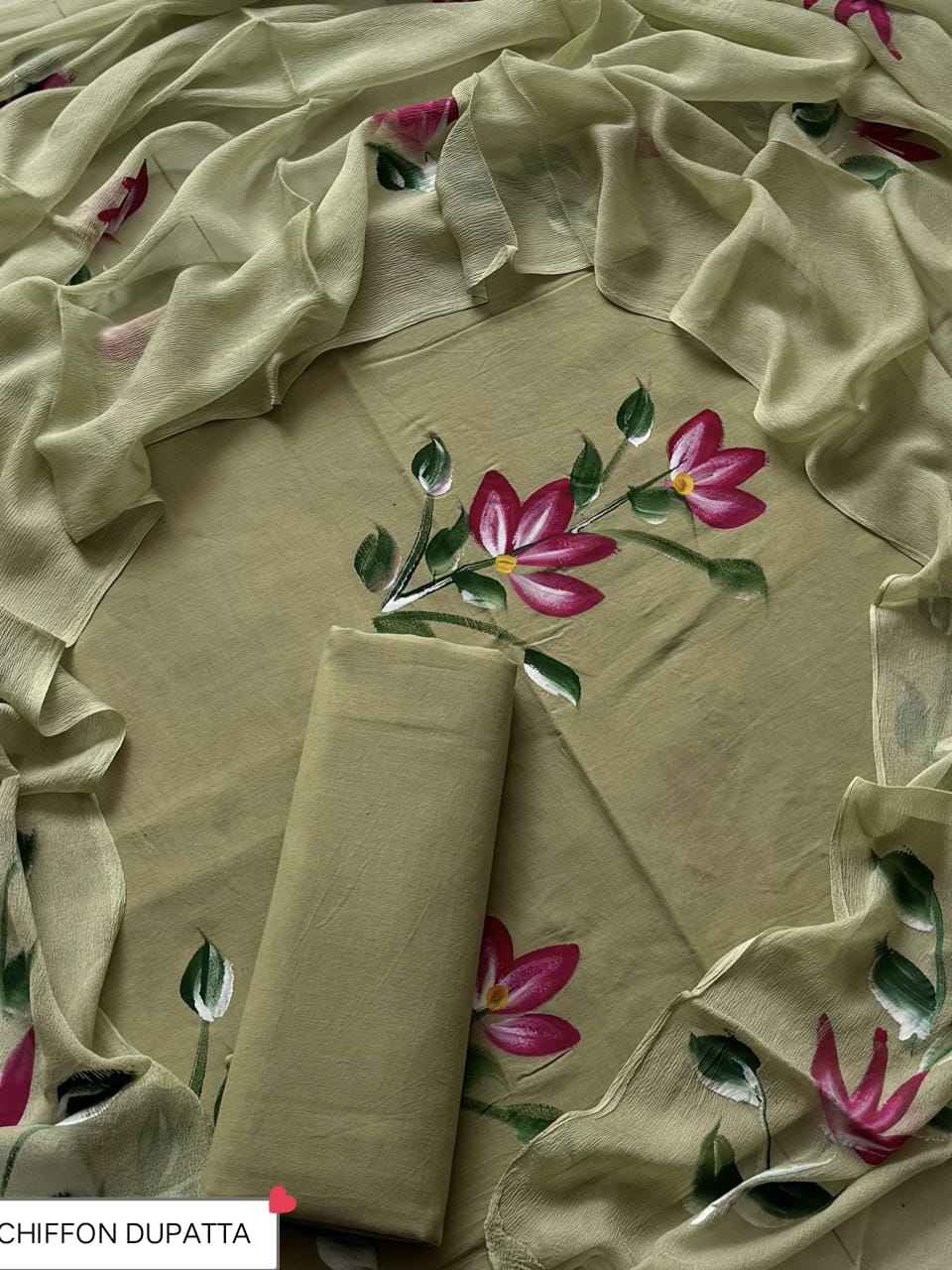 Hand Block Printed Pure Cotton Suit Sets With Chiffon Dupatta