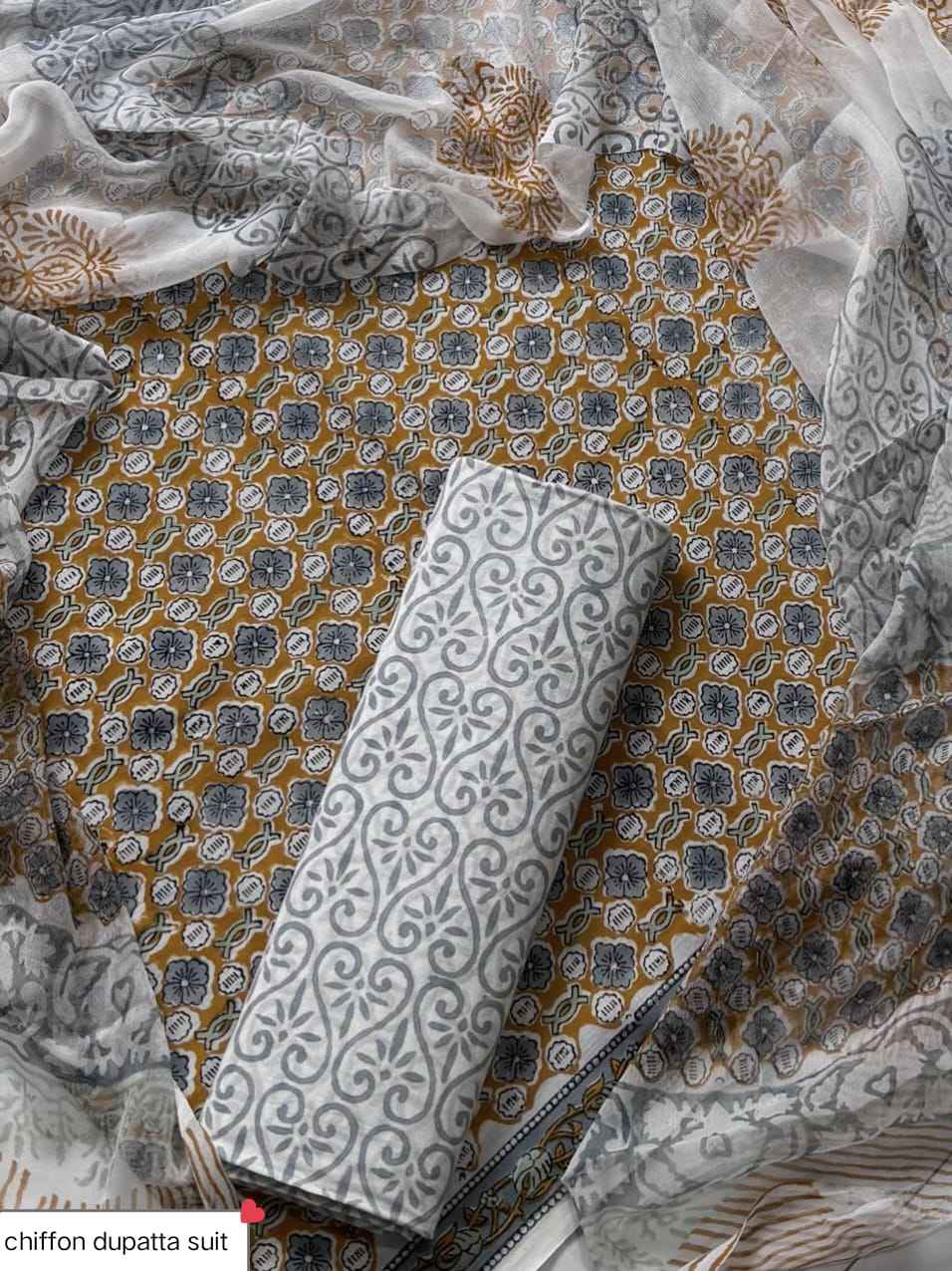 Hand Block Printed Pure Cotton Suit Sets With Chiffon Dupatta