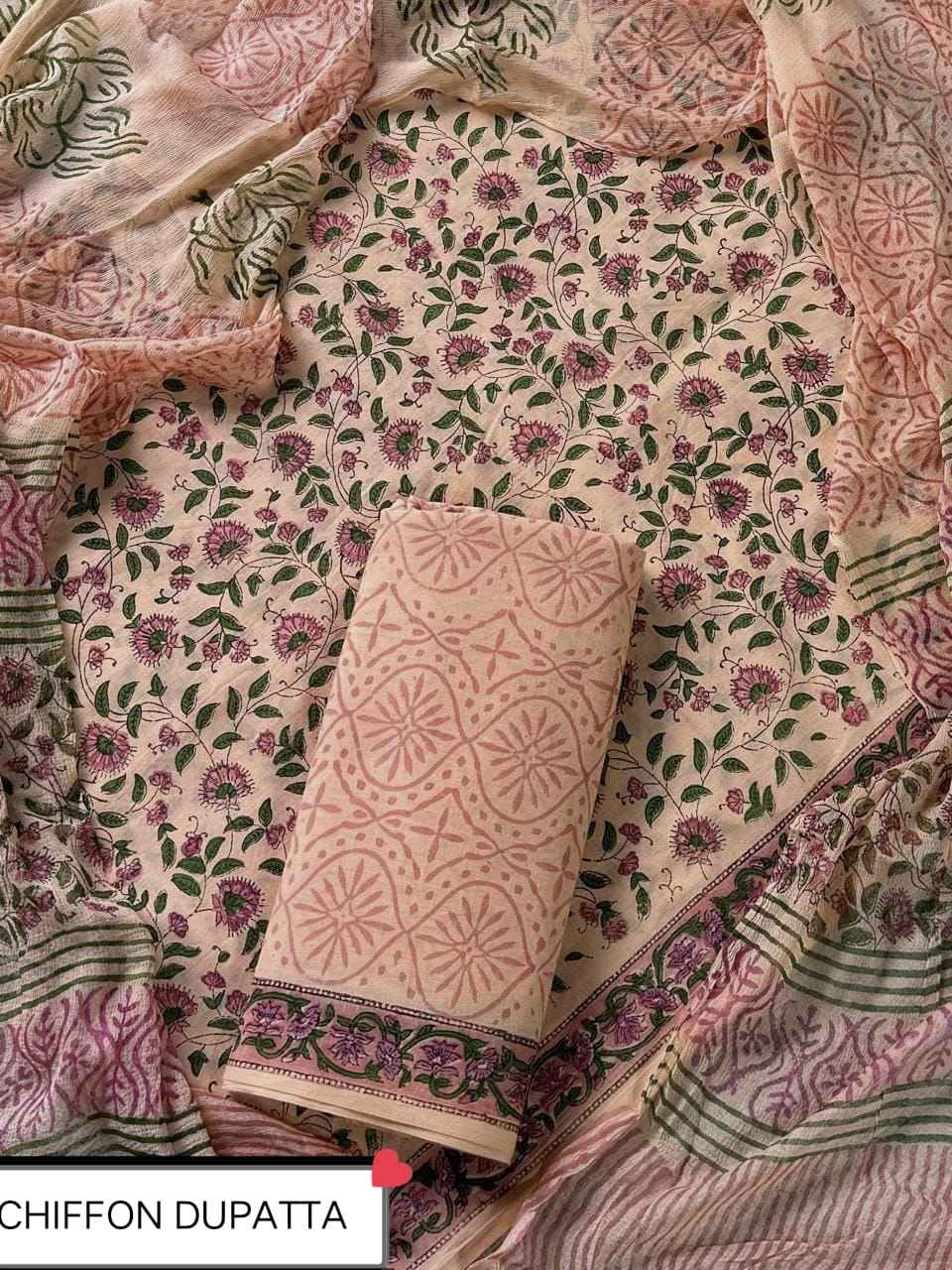 Hand Block Printed Pure Cotton Suit Sets With Chiffon Dupatta