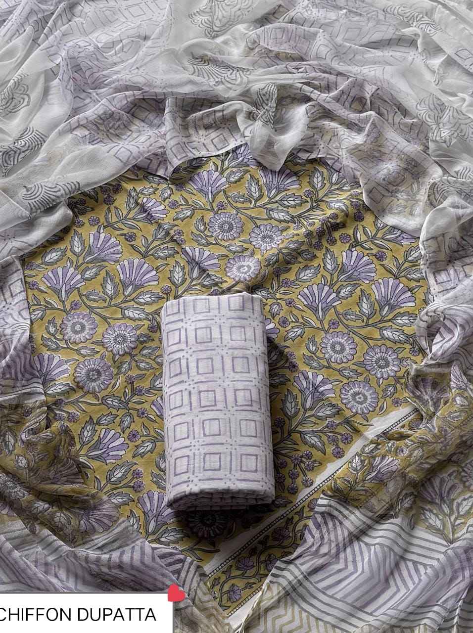 Hand Block Printed Pure Cotton Suit Sets With Chiffon Dupatta
