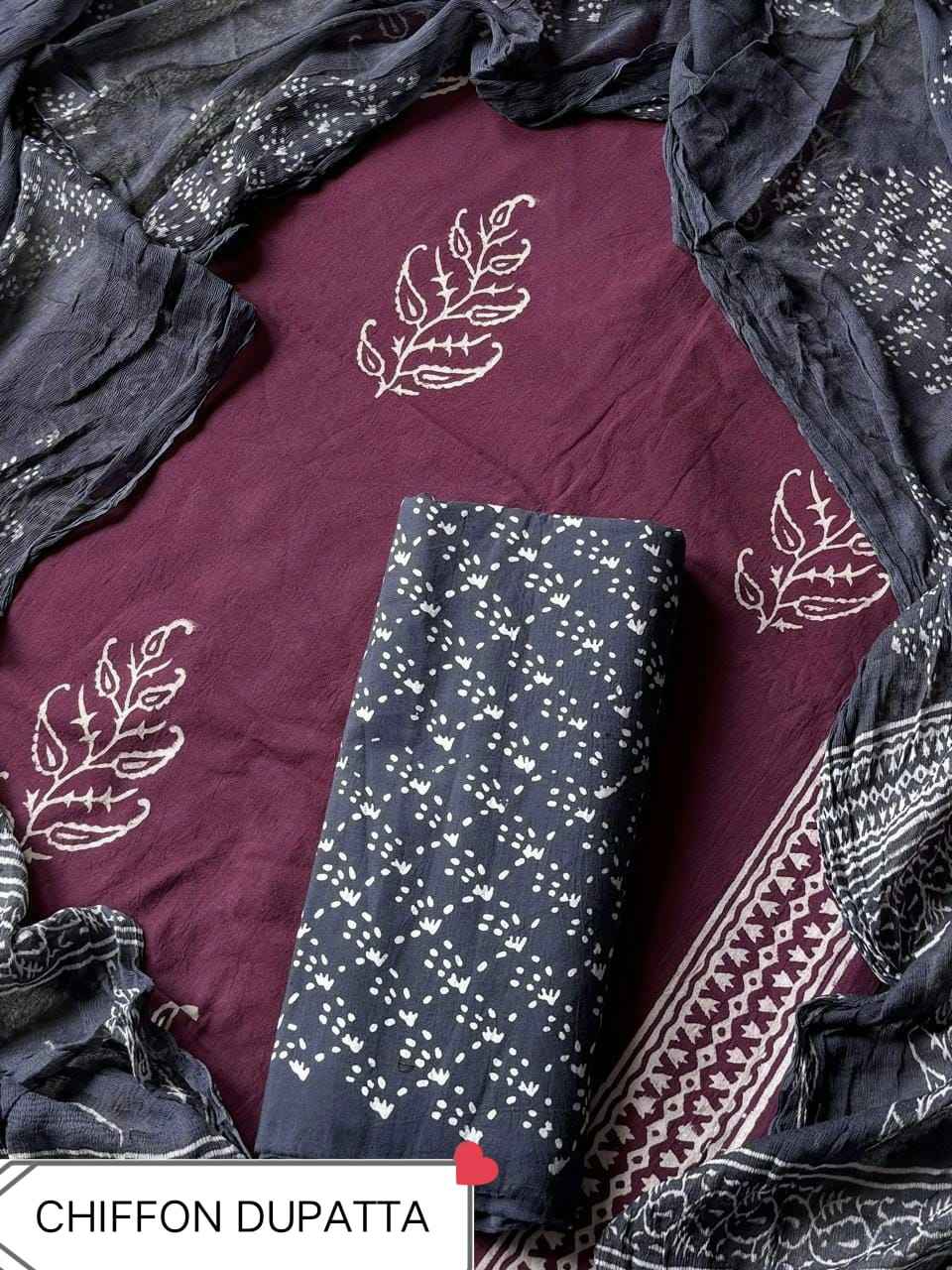 Hand Block Printed Pure Cotton Suit Sets With Chiffon Dupatta