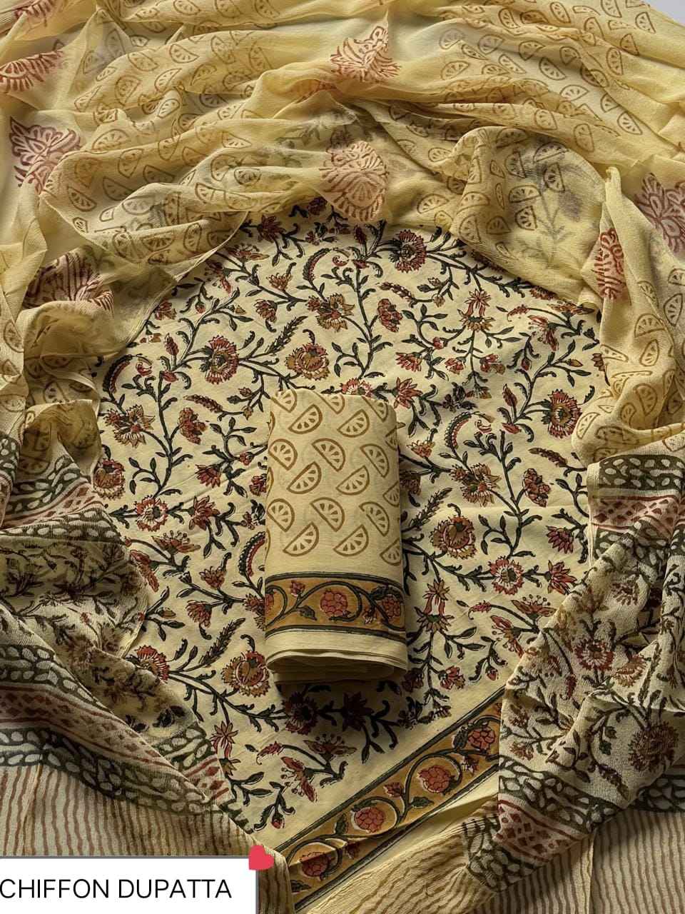 Hand Block Printed Pure Cotton Suit Sets With Chiffon Dupatta