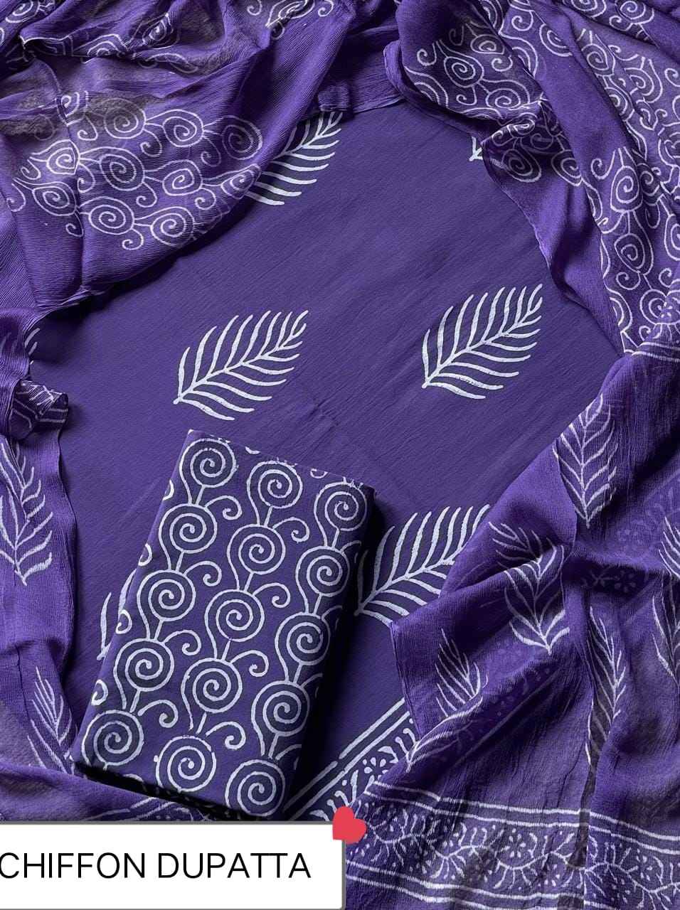 Hand Block Printed Pure Cotton Suit Sets With Chiffon Dupatta