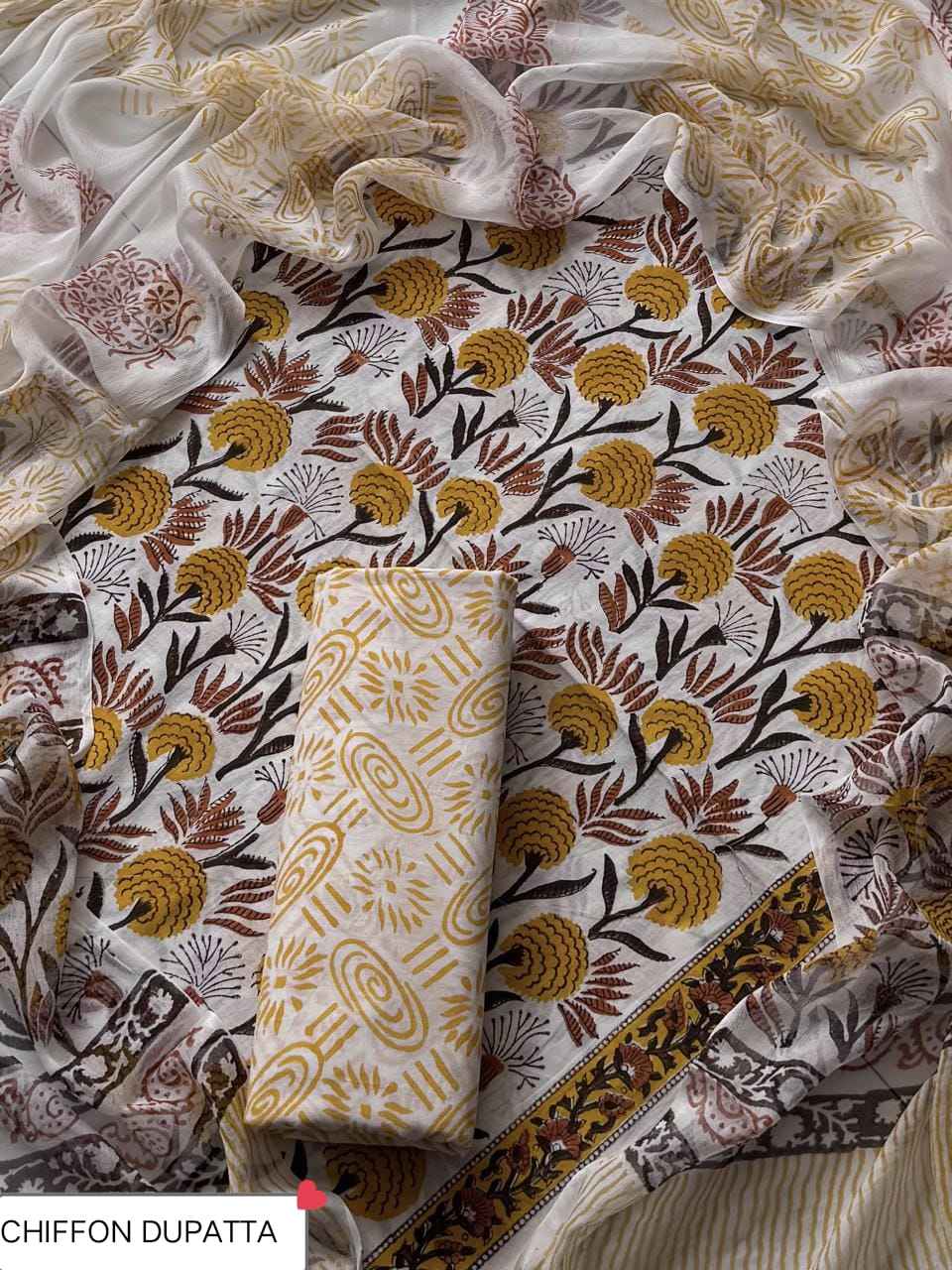 Hand Block Printed Pure Cotton Suit Sets With Chiffon Dupatta