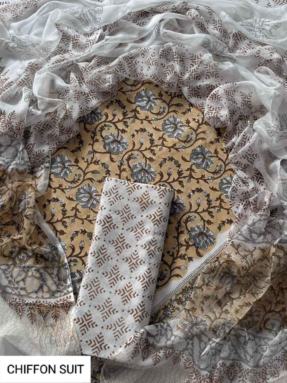 Hand Block Printed Pure Cotton Suit Sets With Chiffon Dupatta