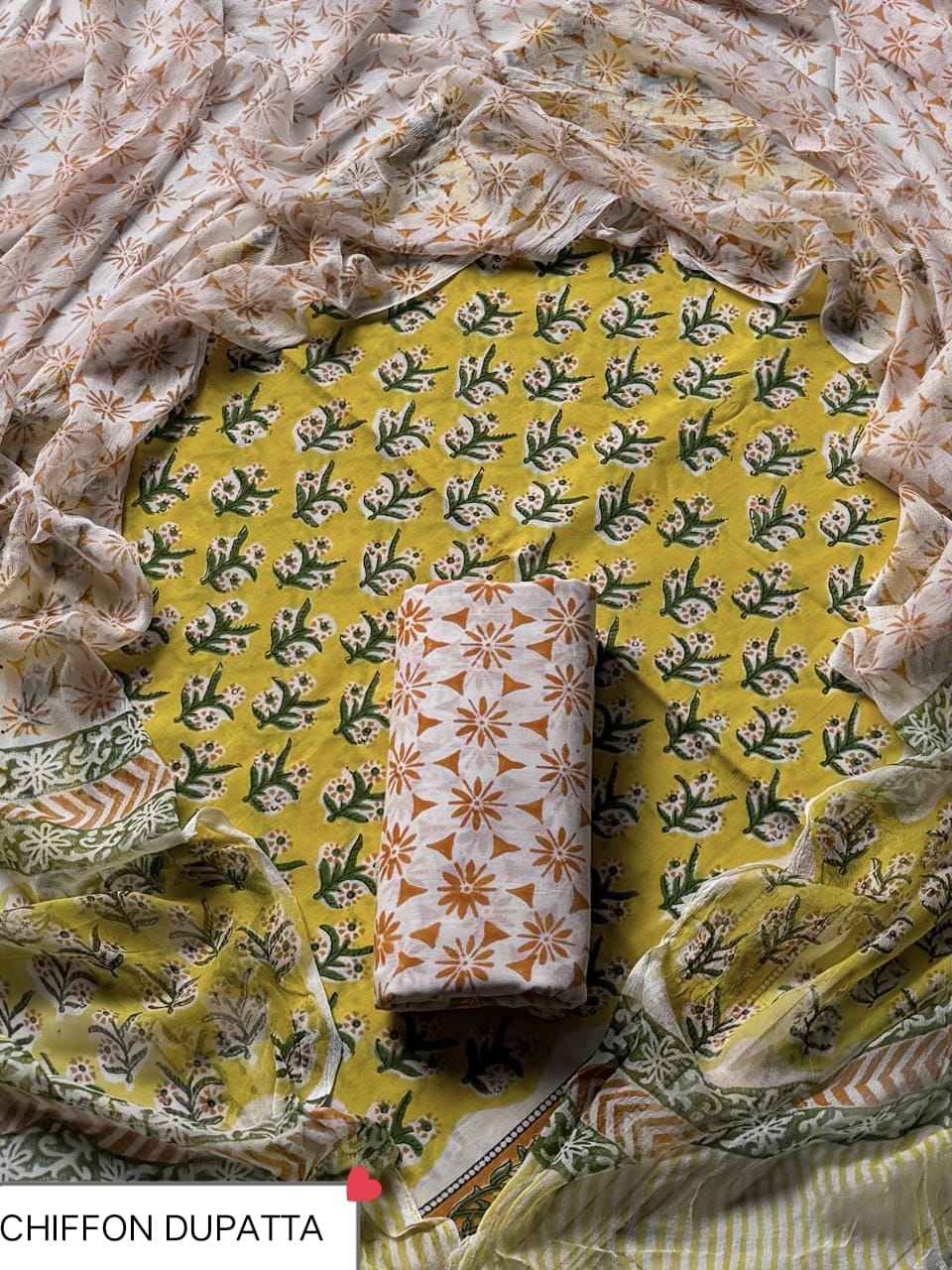 Hand Block Printed Pure Cotton Suit Sets With Chiffon Dupatta