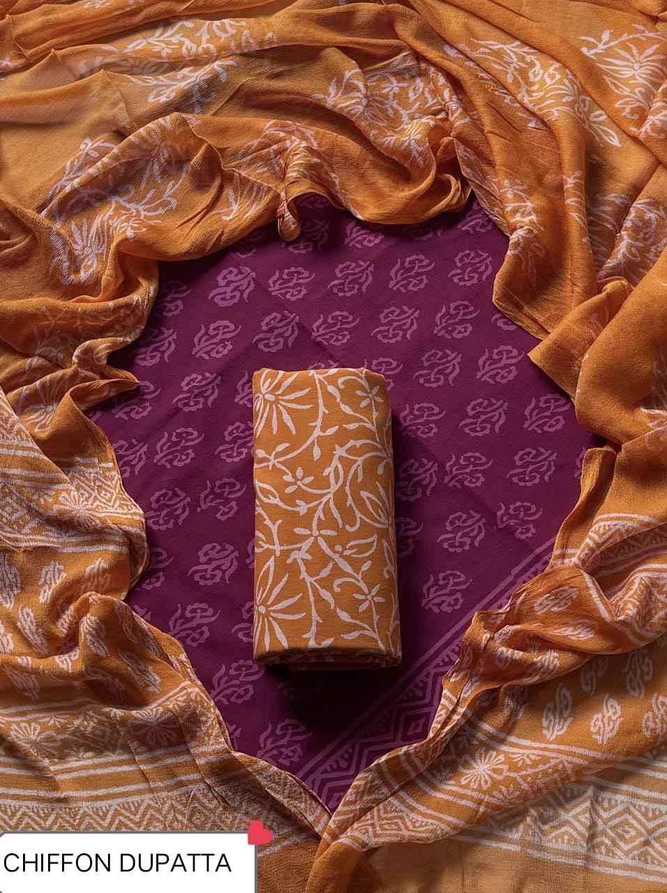 Hand Block Printed Pure Cotton Suit Sets With Chiffon Dupatta
