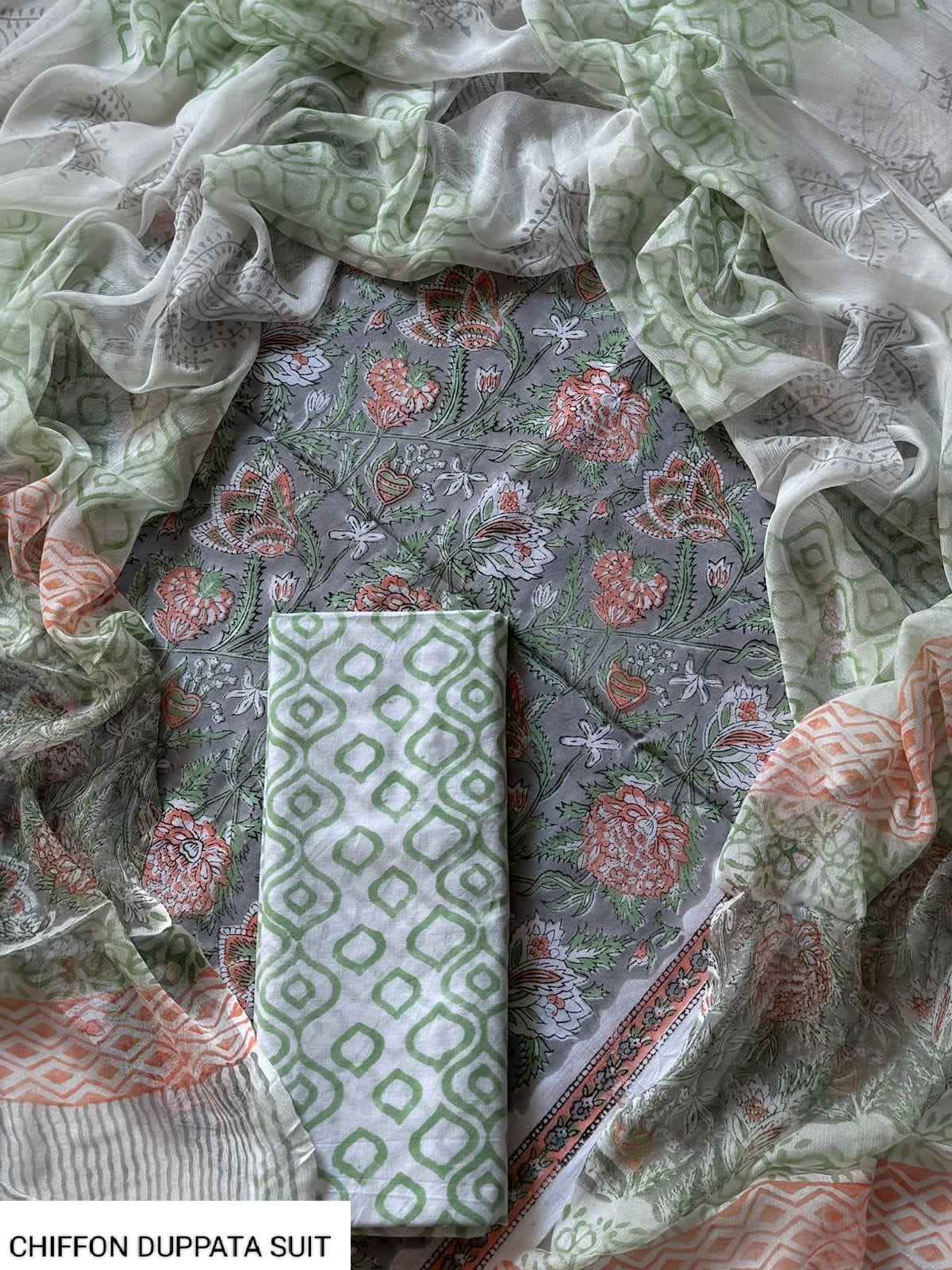Hand Block Printed Pure Cotton Suit Sets With Chiffon Dupatta