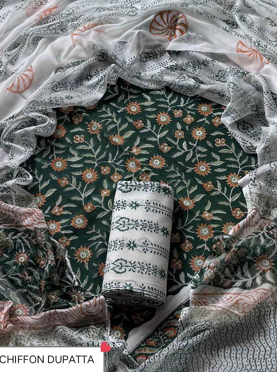 Hand Block Printed Pure Cotton Suit Sets With Chiffon Dupatta