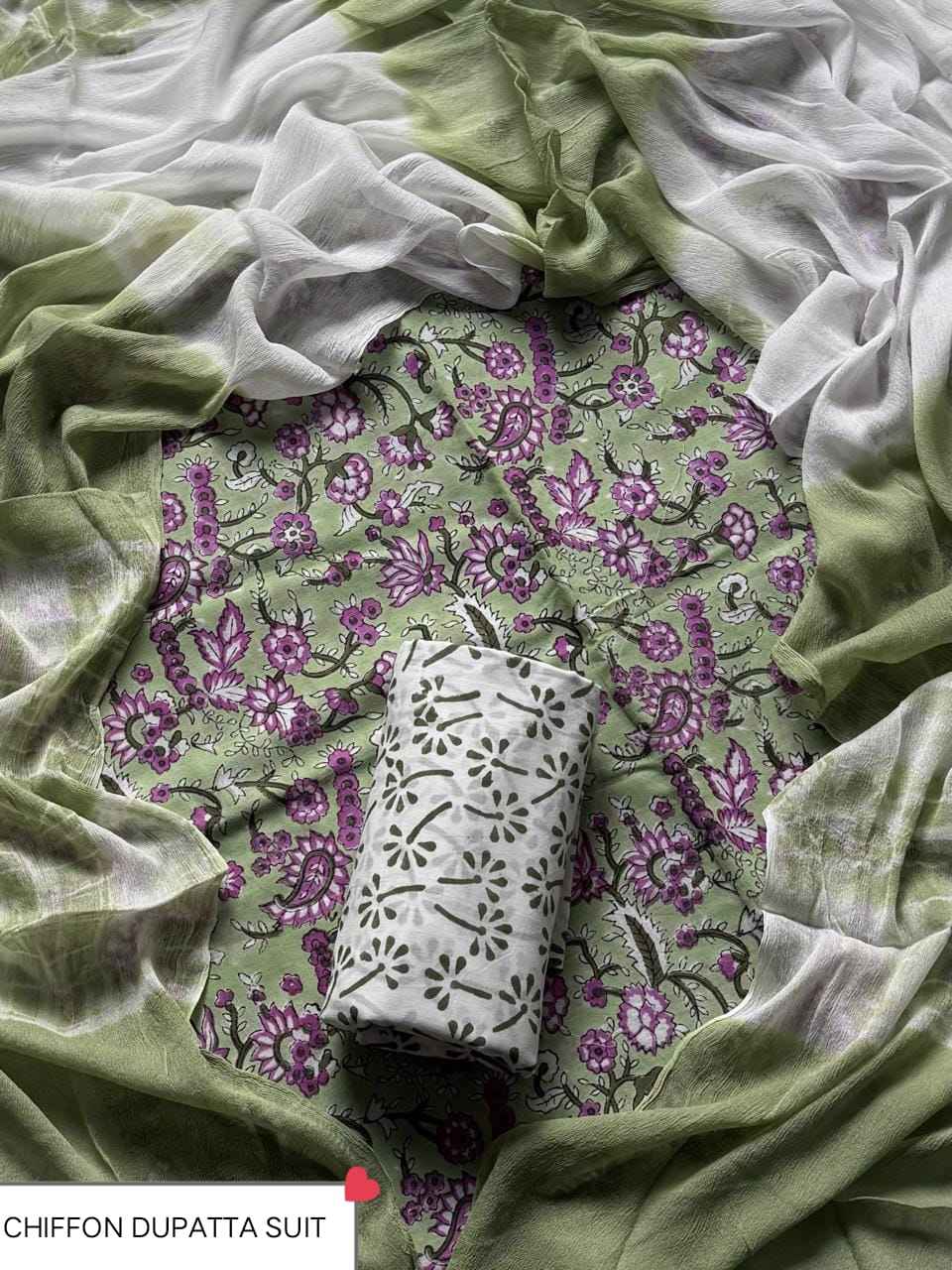 Hand Block Printed Pure Cotton Suit Sets With Chiffon Dupatta