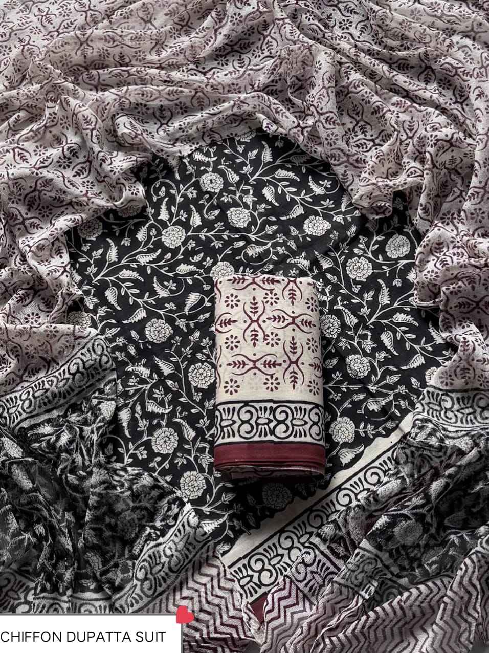 Hand Block Printed Pure Cotton Suit Sets With Chiffon Dupatta