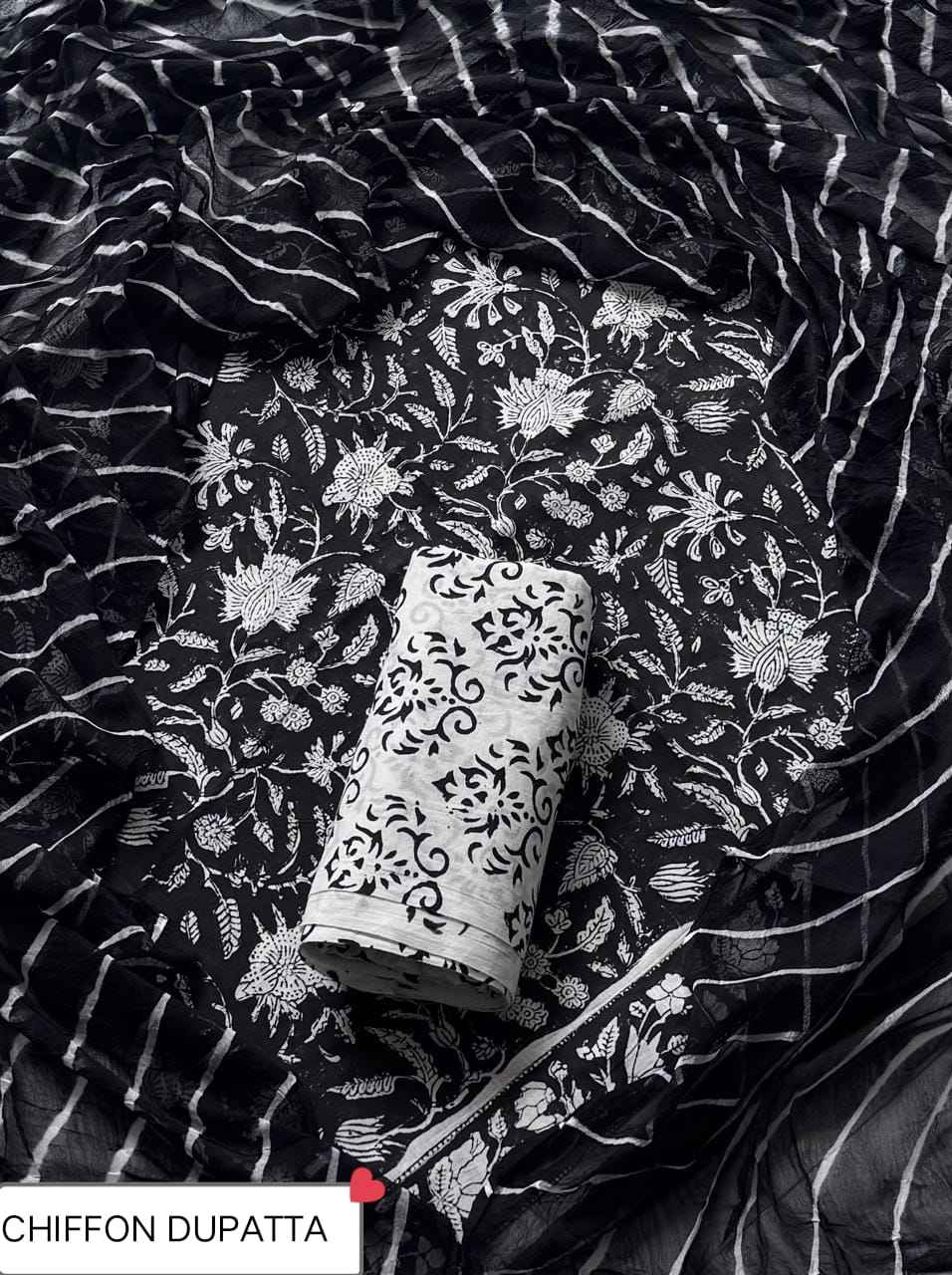 Hand Block Printed Pure Cotton Suit Sets With Chiffon Dupatta