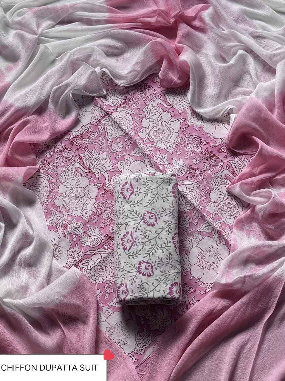 Hand Block Printed Pure Cotton Suit Sets With Chiffon Dupatta