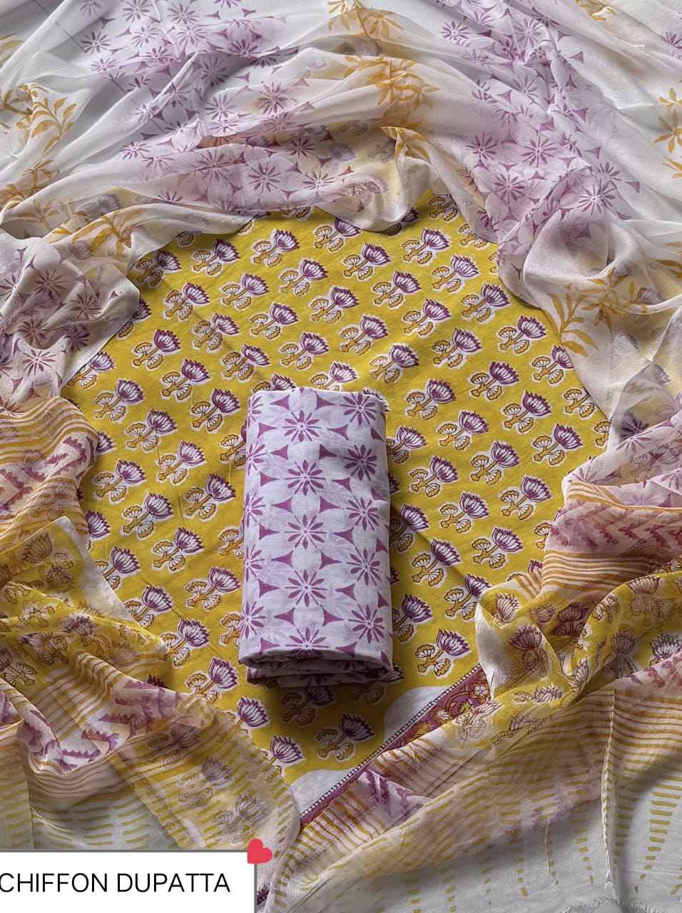 Hand Block Printed Pure Cotton Suit Sets With Chiffon Dupatta