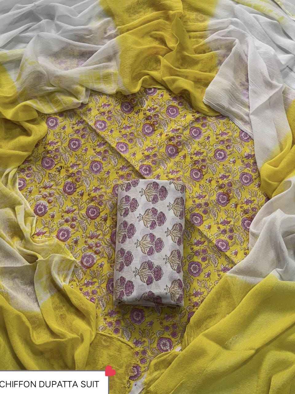 Hand Block Printed Pure Cotton Suit Sets With Chiffon Dupatta
