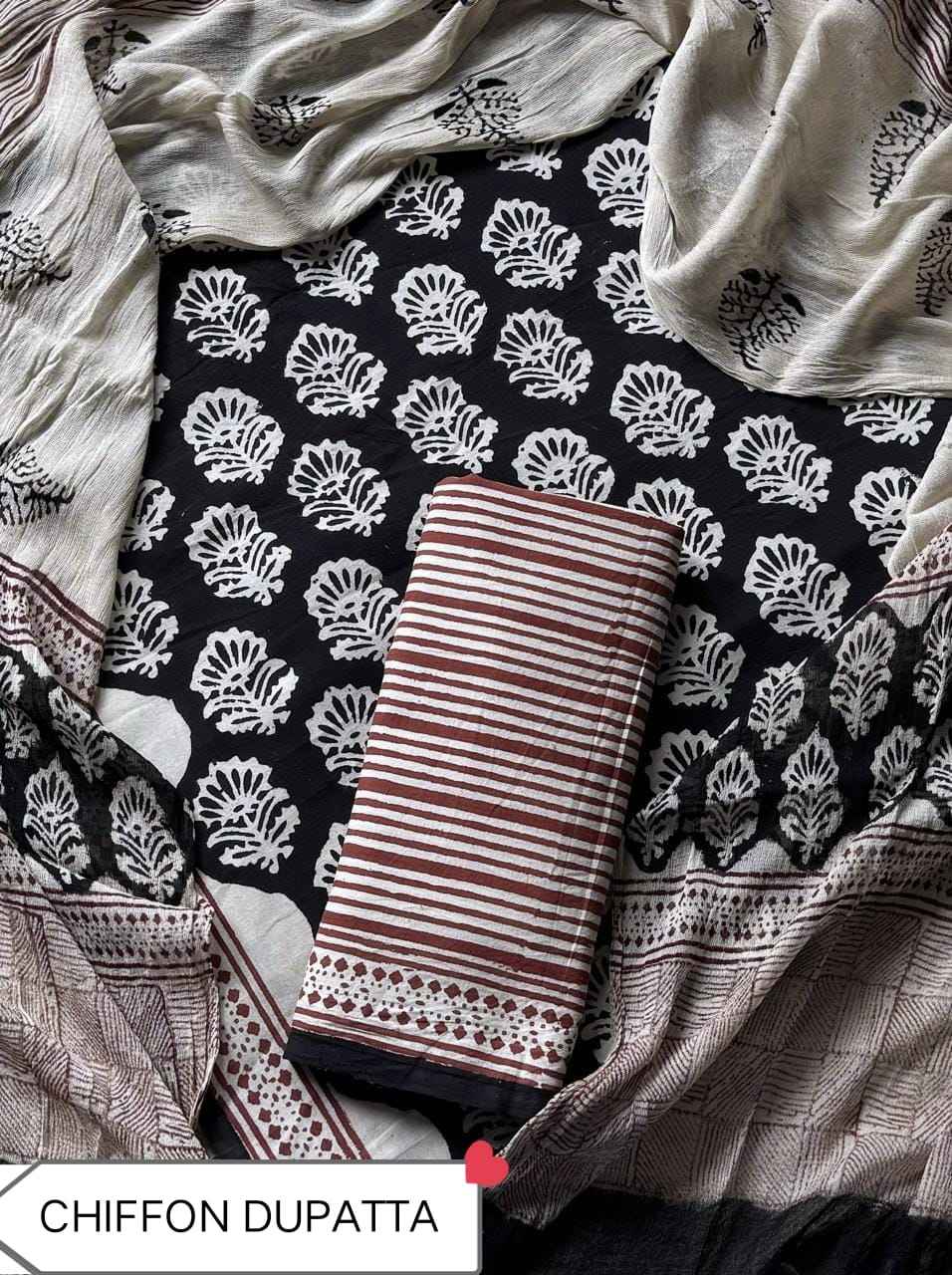 Hand Block Printed Pure Cotton Suit Sets With Chiffon Dupatta
