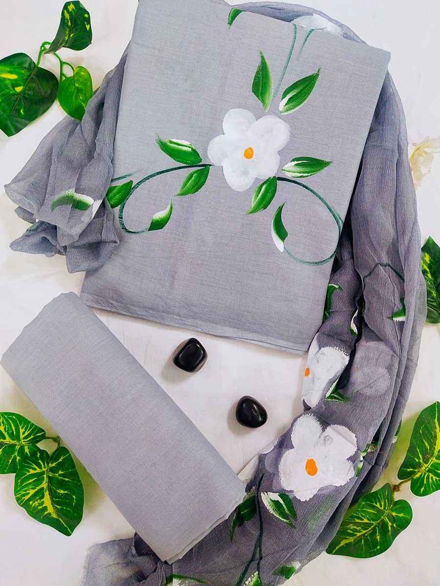 Ethnic Handcrafted Block Print Cotton Suit Set with Chiffon Dupatta