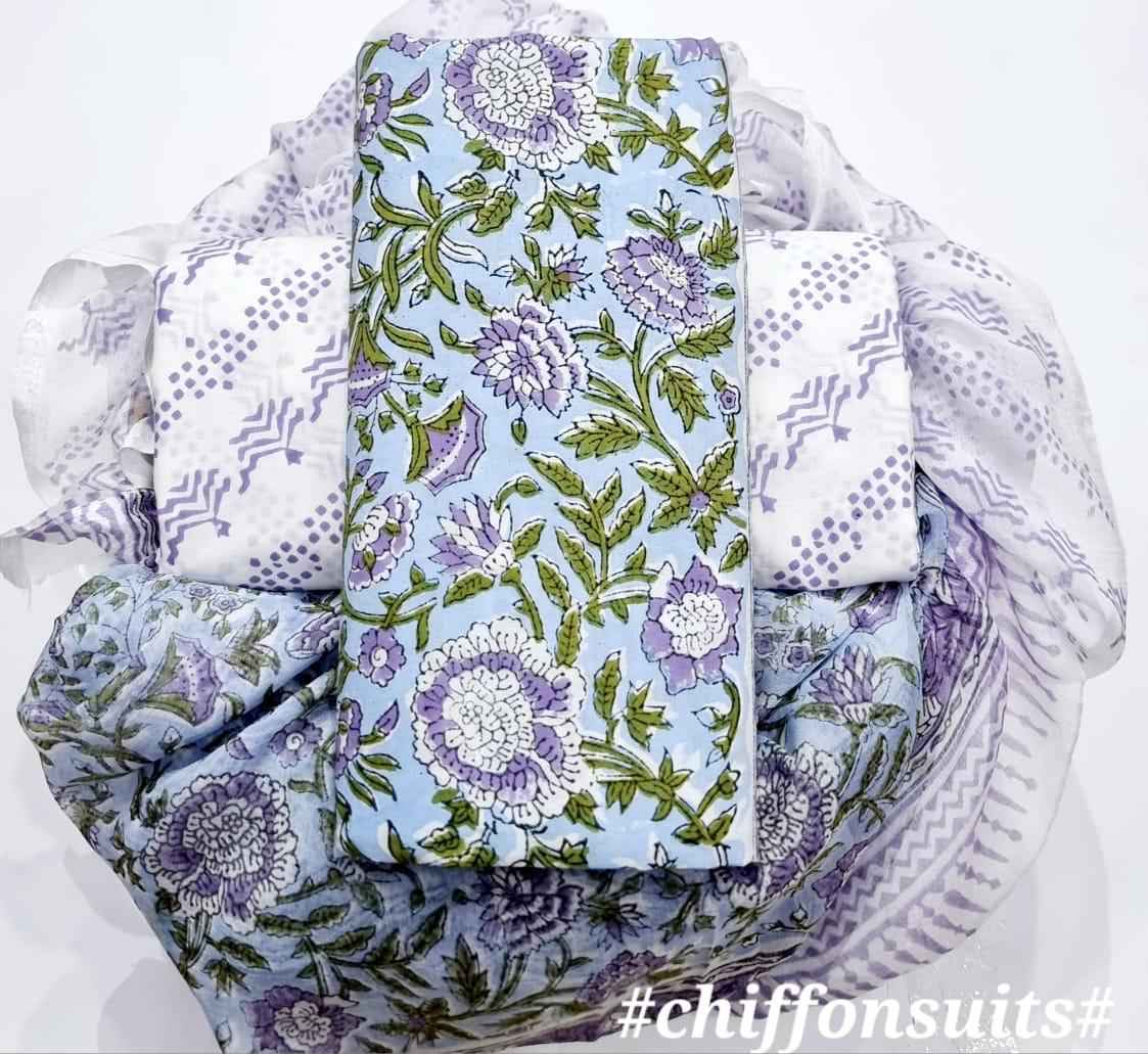 Ethnic Handcrafted Block Print Cotton Suit Set with Chiffon Dupatta