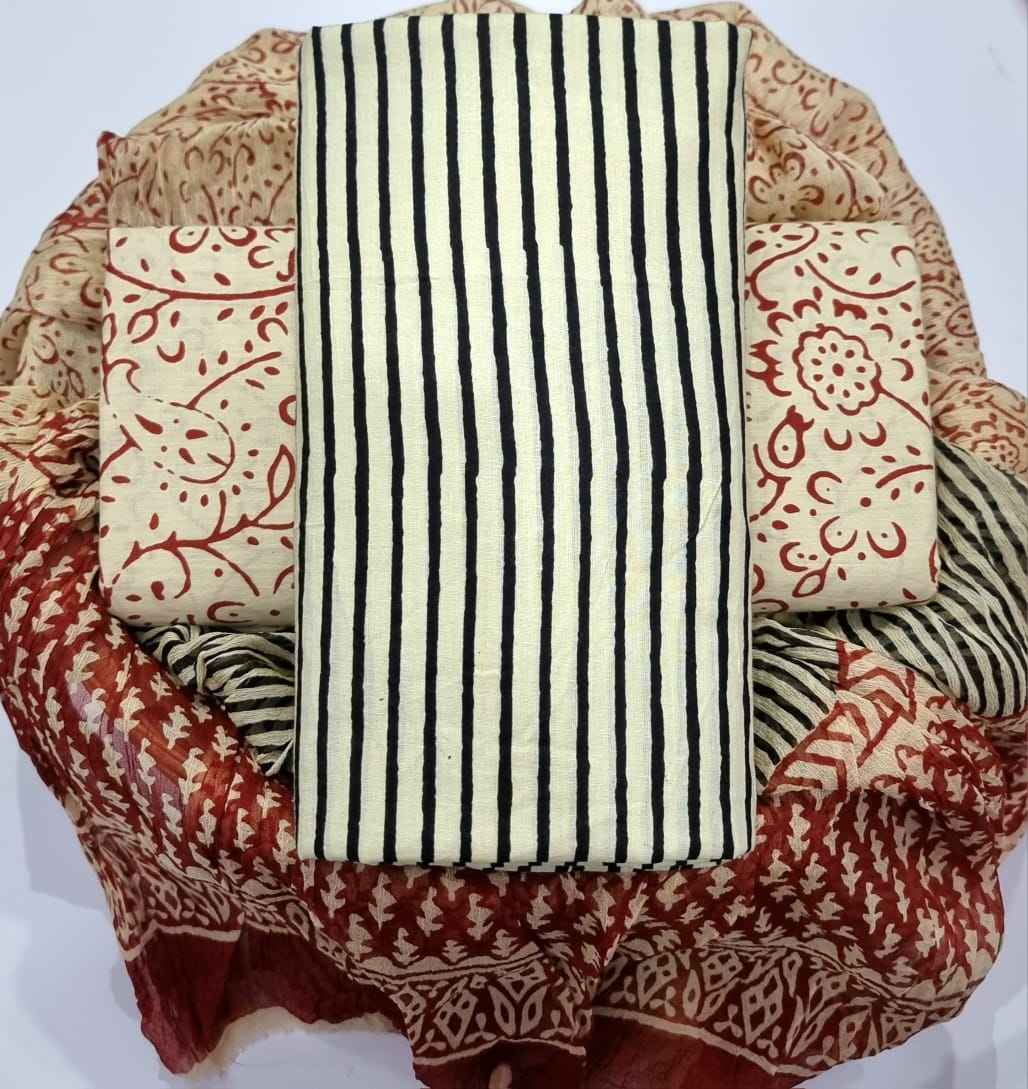 Ethnic Handcrafted Block Print Cotton Suit Set with Chiffon Dupatta