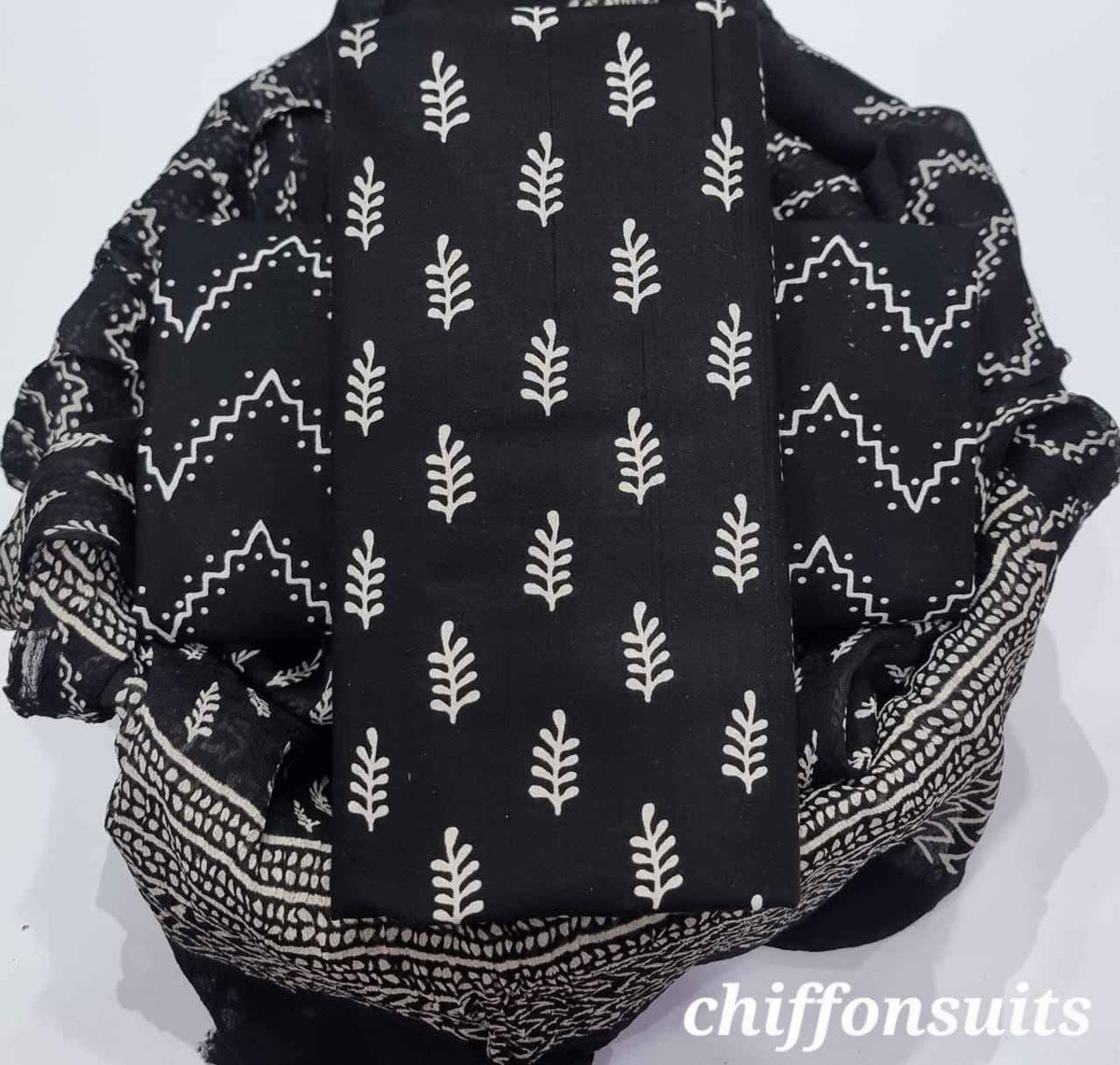 Ethnic Handcrafted Block Print Cotton Suit Set with Chiffon Dupatta