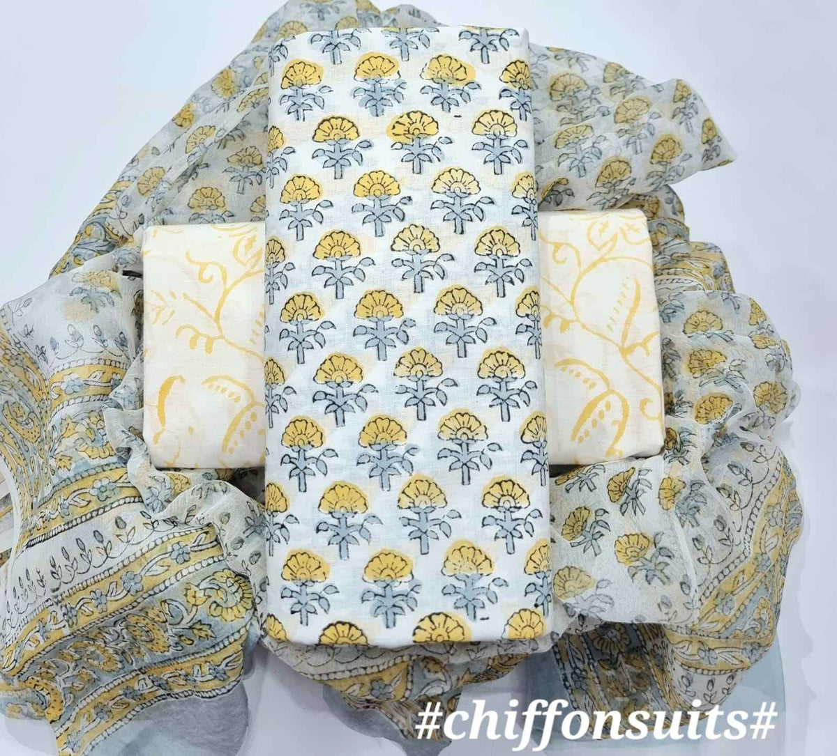 Ethnic Handcrafted Block Print Cotton Suit Set with Chiffon Dupatta
