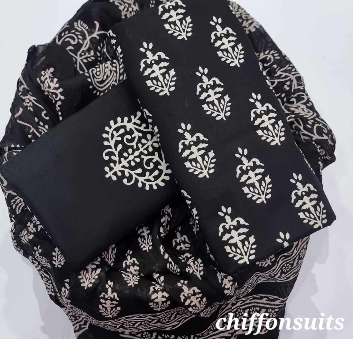Ethnic Handcrafted Block Print Cotton Suit Set with Chiffon Dupatta