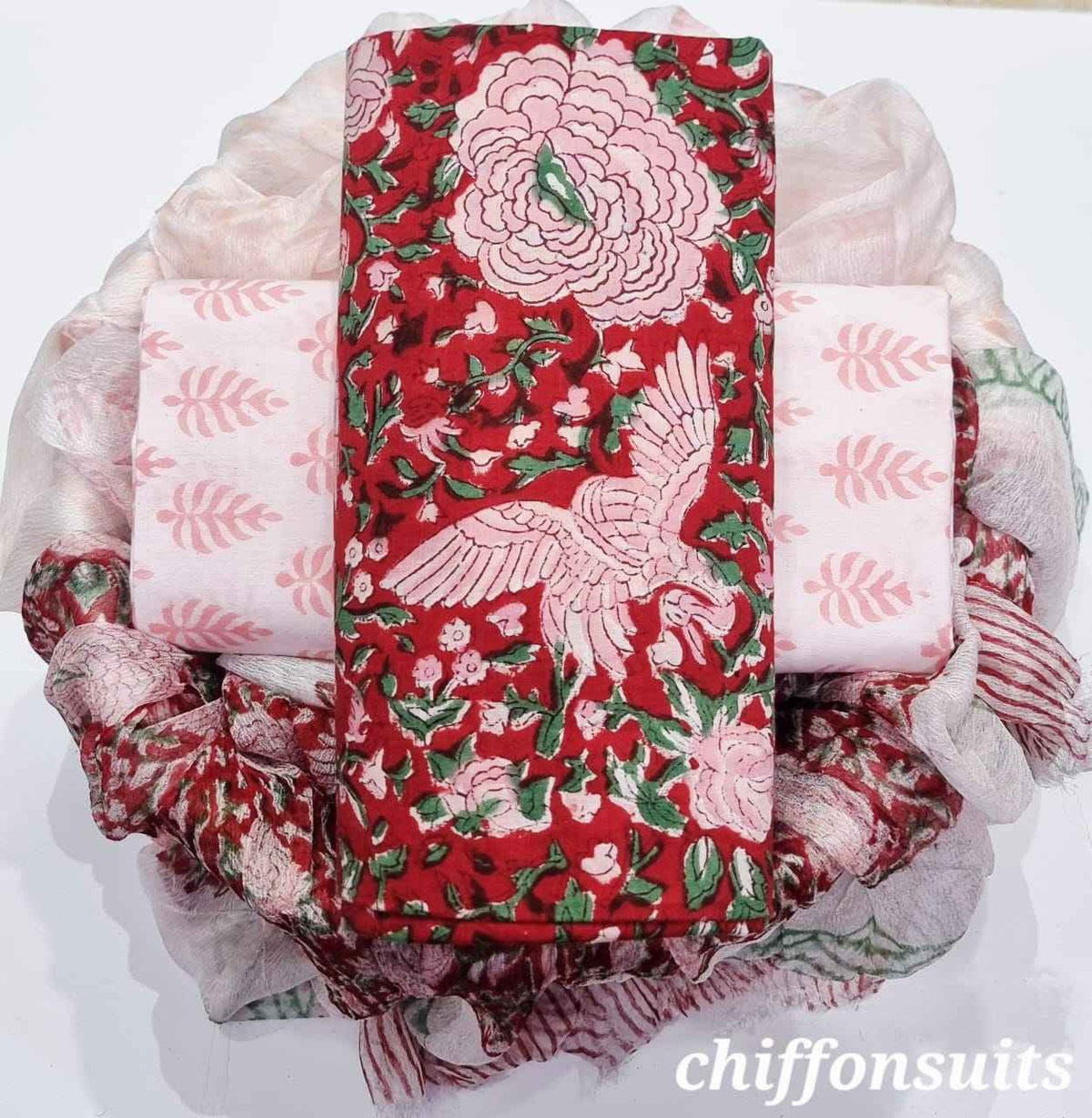 Ethnic Handcrafted Block Print Cotton Suit Set with Chiffon Dupatta