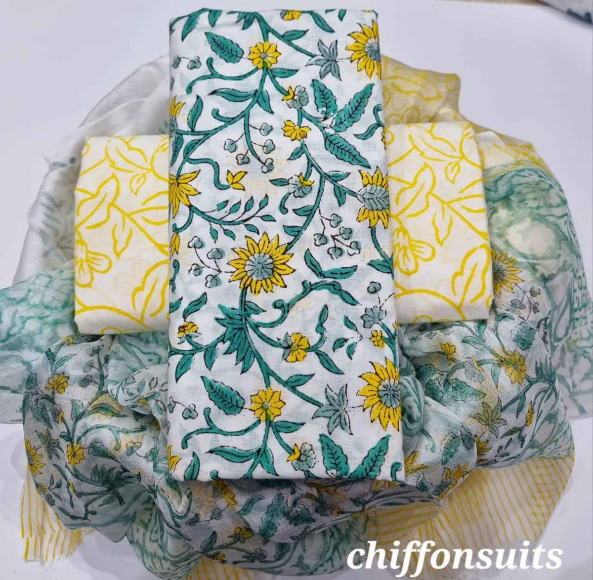 Ethnic Handcrafted Block Print Cotton Suit Set with Chiffon Dupatta
