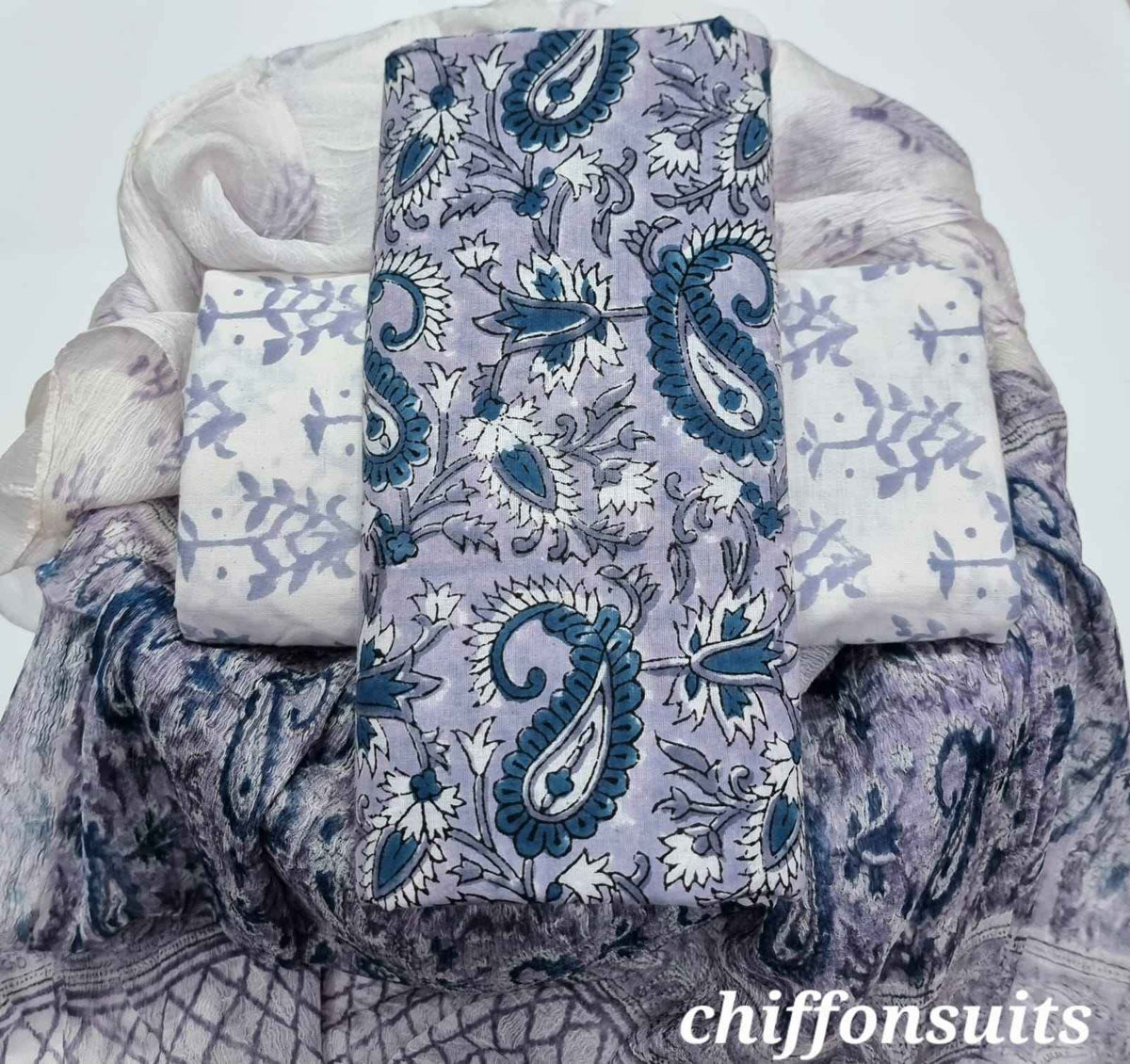 Ethnic Handcrafted Block Print Cotton Suit Set with Chiffon Dupatta