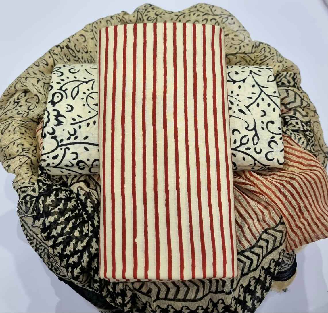 Ethnic Handcrafted Block Print Cotton Suit Set with Chiffon Dupatta