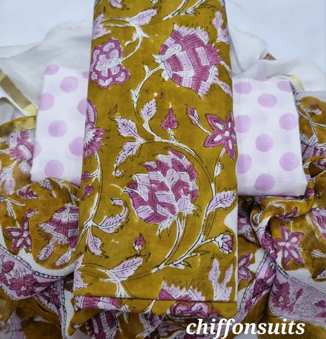 Ethnic Handcrafted Block Print Cotton Suit Set with Chiffon Dupatta