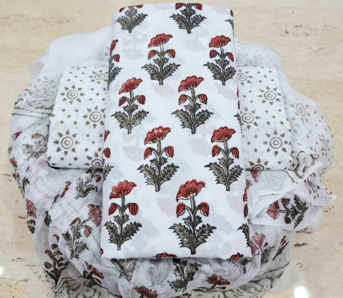 Ethnic Handcrafted Block Print Cotton Suit Set with Chiffon Dupatta