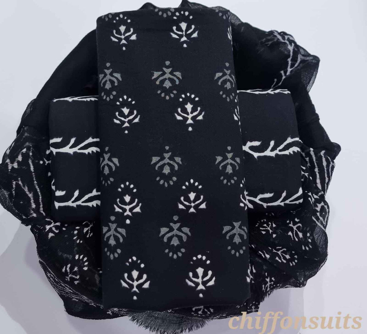 Ethnic Handcrafted Block Print Cotton Suit Set with Chiffon Dupatta