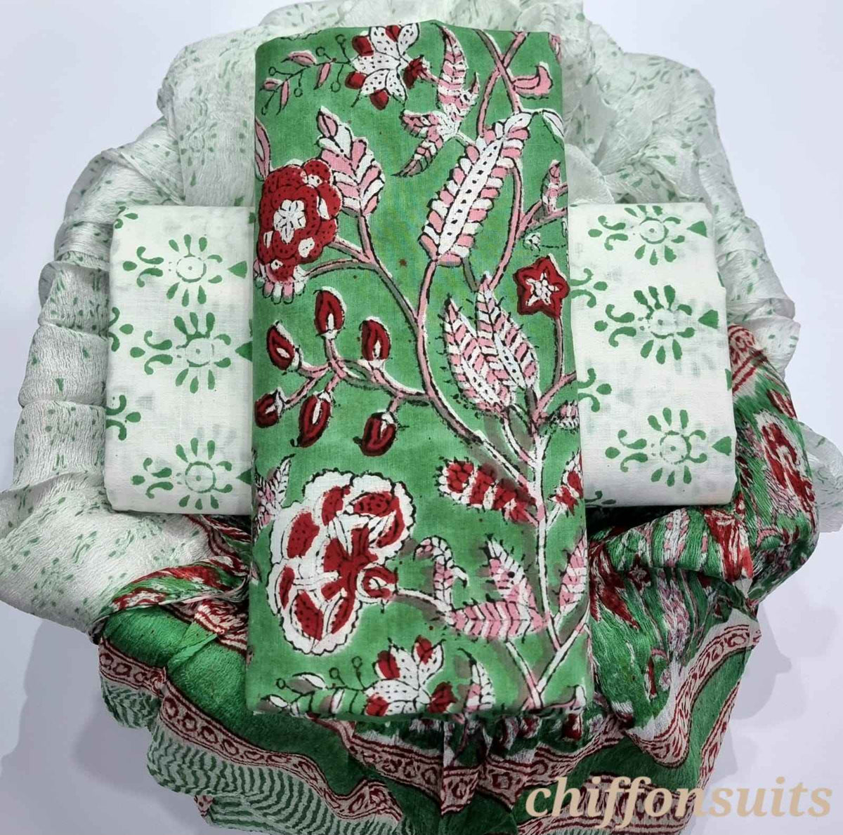 Ethnic Handcrafted Block Print Cotton Suit Set with Chiffon Dupatta