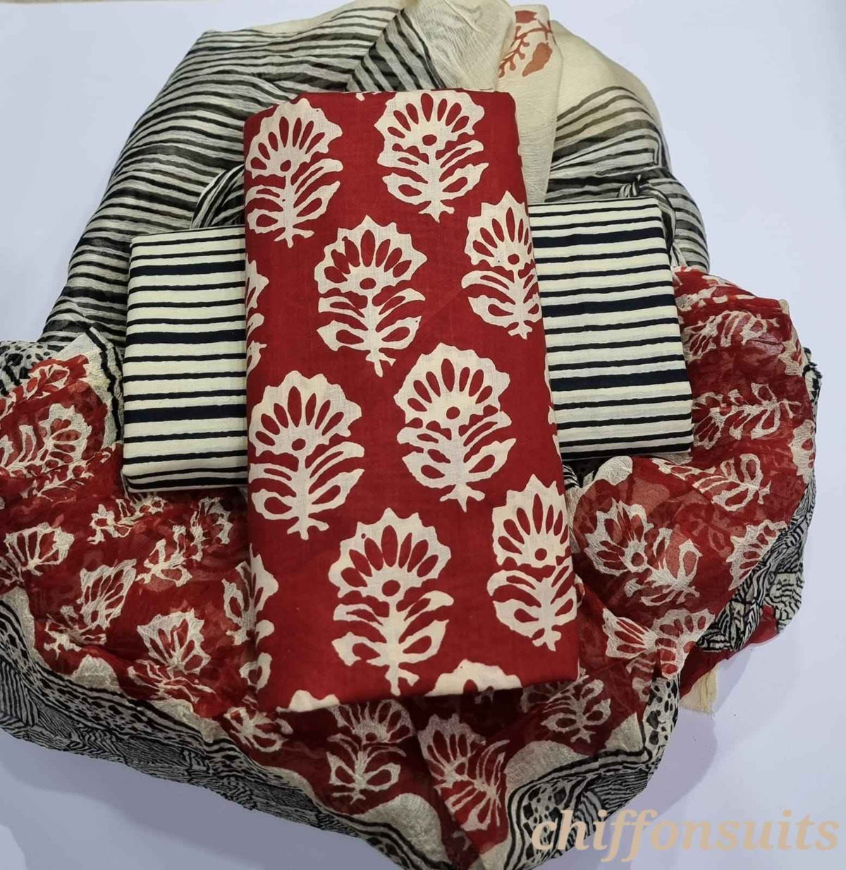 Ethnic Handcrafted Block Print Cotton Suit Set with Chiffon Dupatta