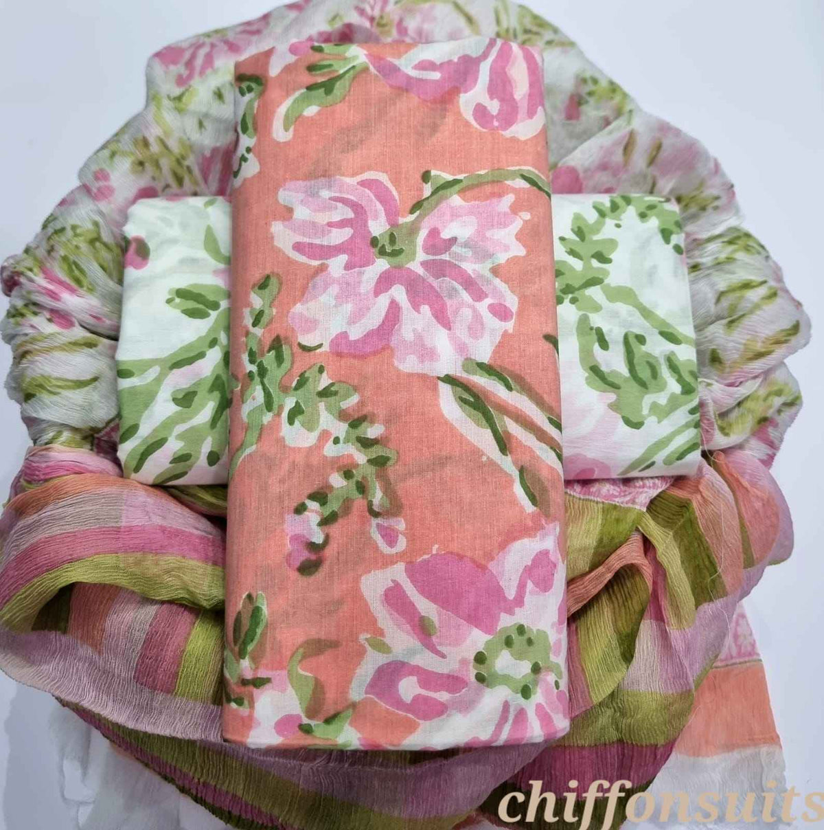 Ethnic Handcrafted Block Print Cotton Suit Set with Chiffon Dupatta