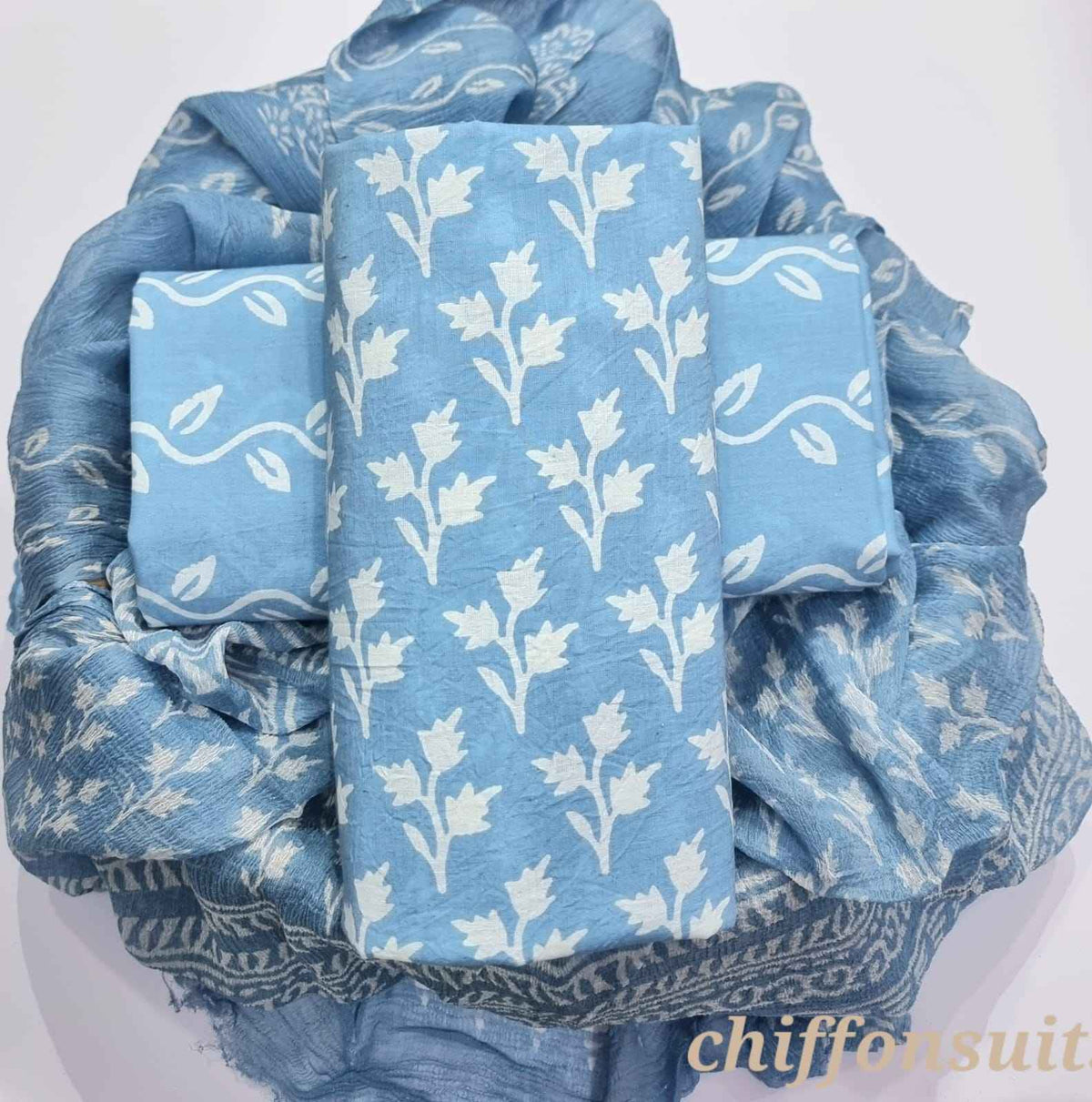 Ethnic Handcrafted Block Print Cotton Suit Set with Chiffon Dupatta
