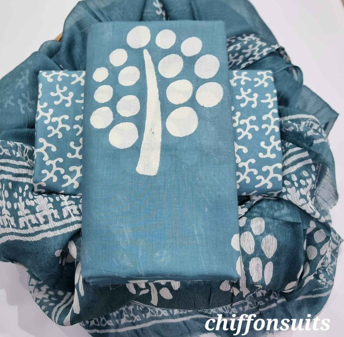 Ethnic Handcrafted Block Print Cotton Suit Set with Chiffon Dupatta