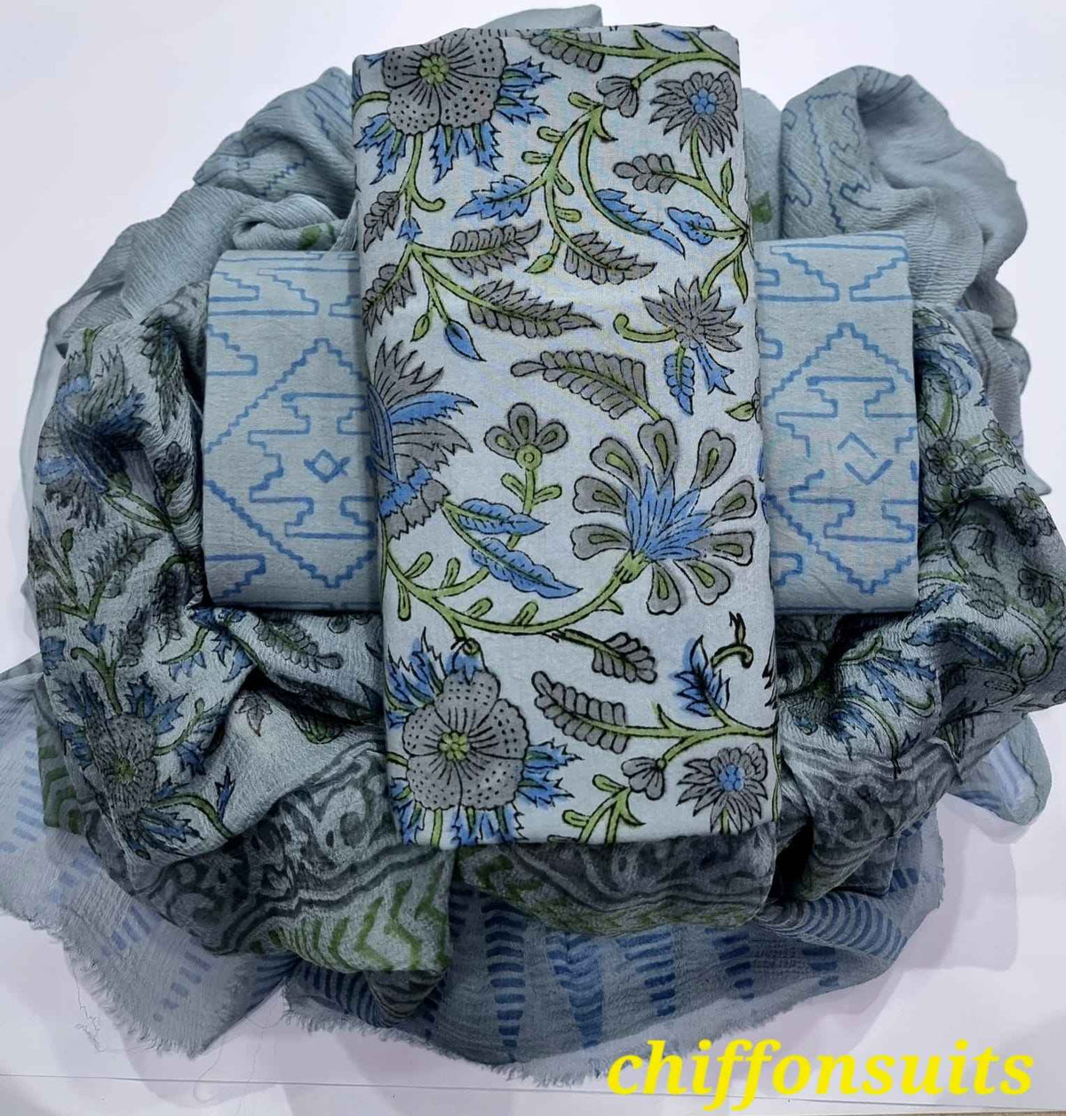 Ethnic Handcrafted Block Print Cotton Suit Set with Chiffon Dupatta