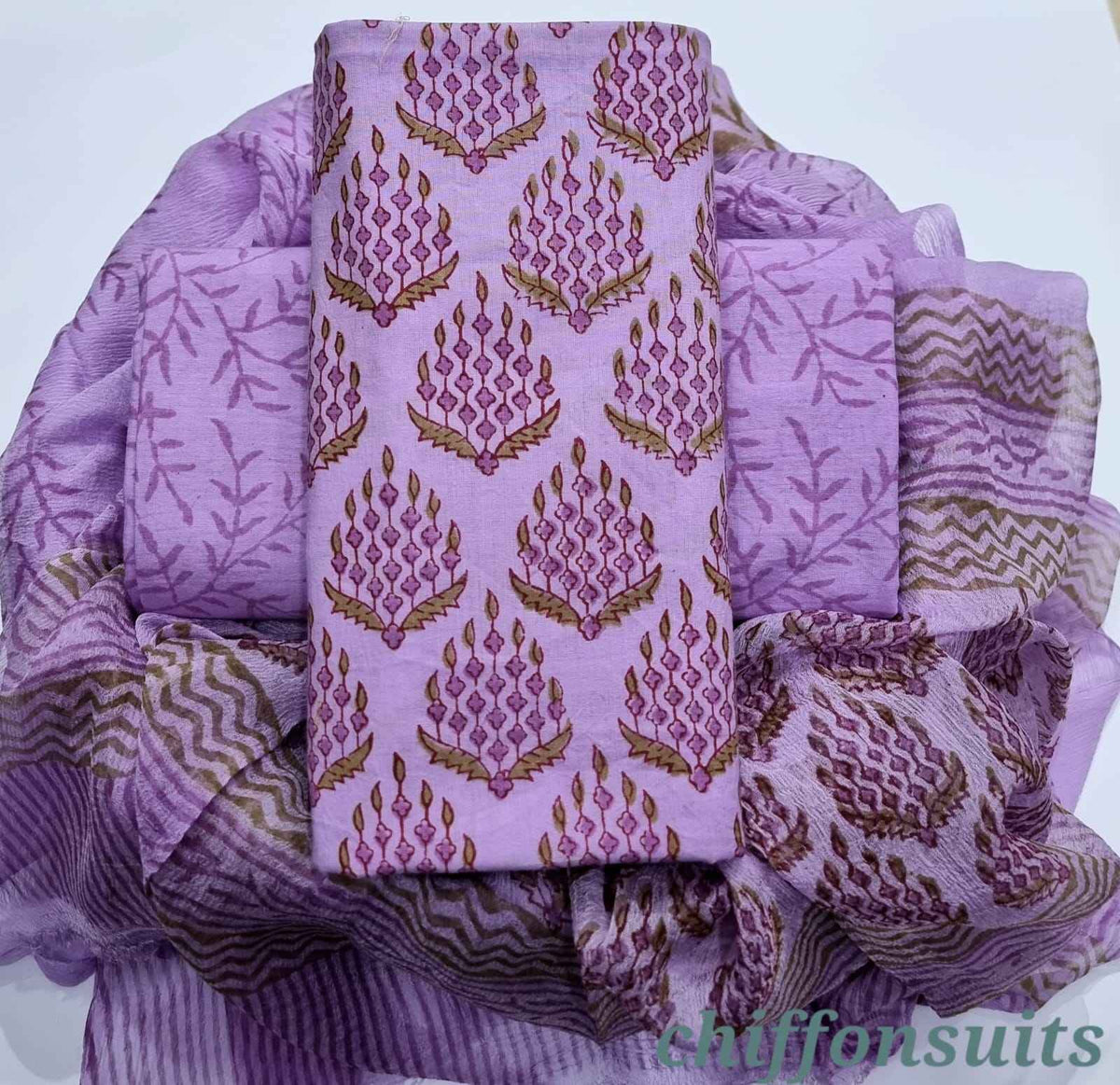 Ethnic Handcrafted Block Print Cotton Suit Set with Chiffon Dupatta