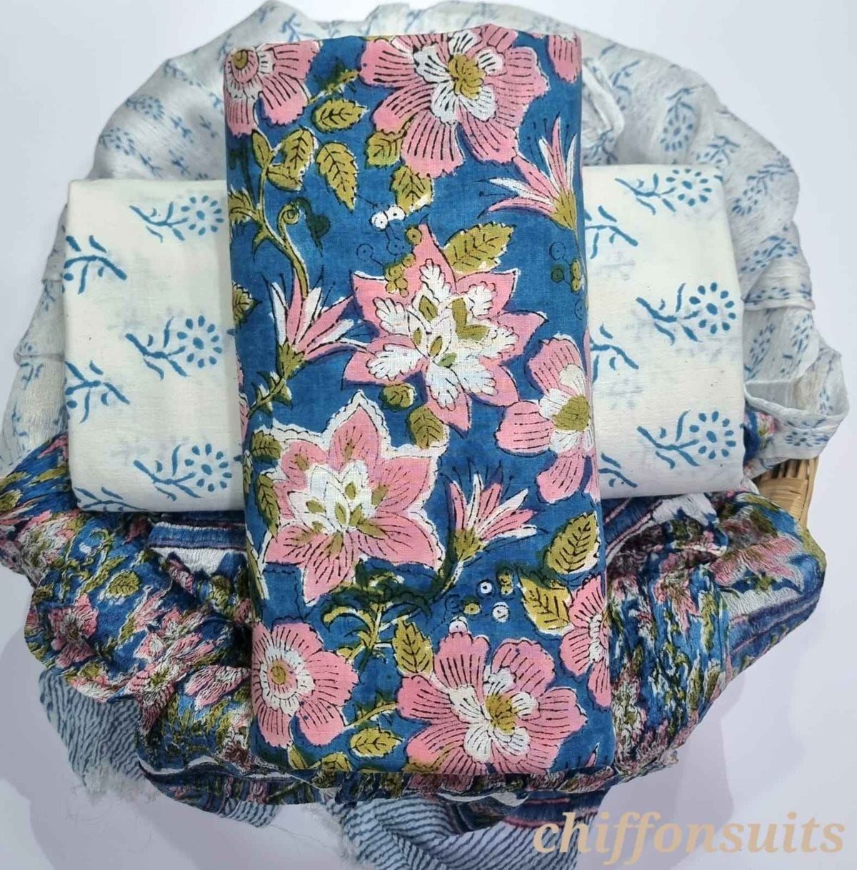 Ethnic Handcrafted Block Print Cotton Suit Set with Chiffon Dupatta