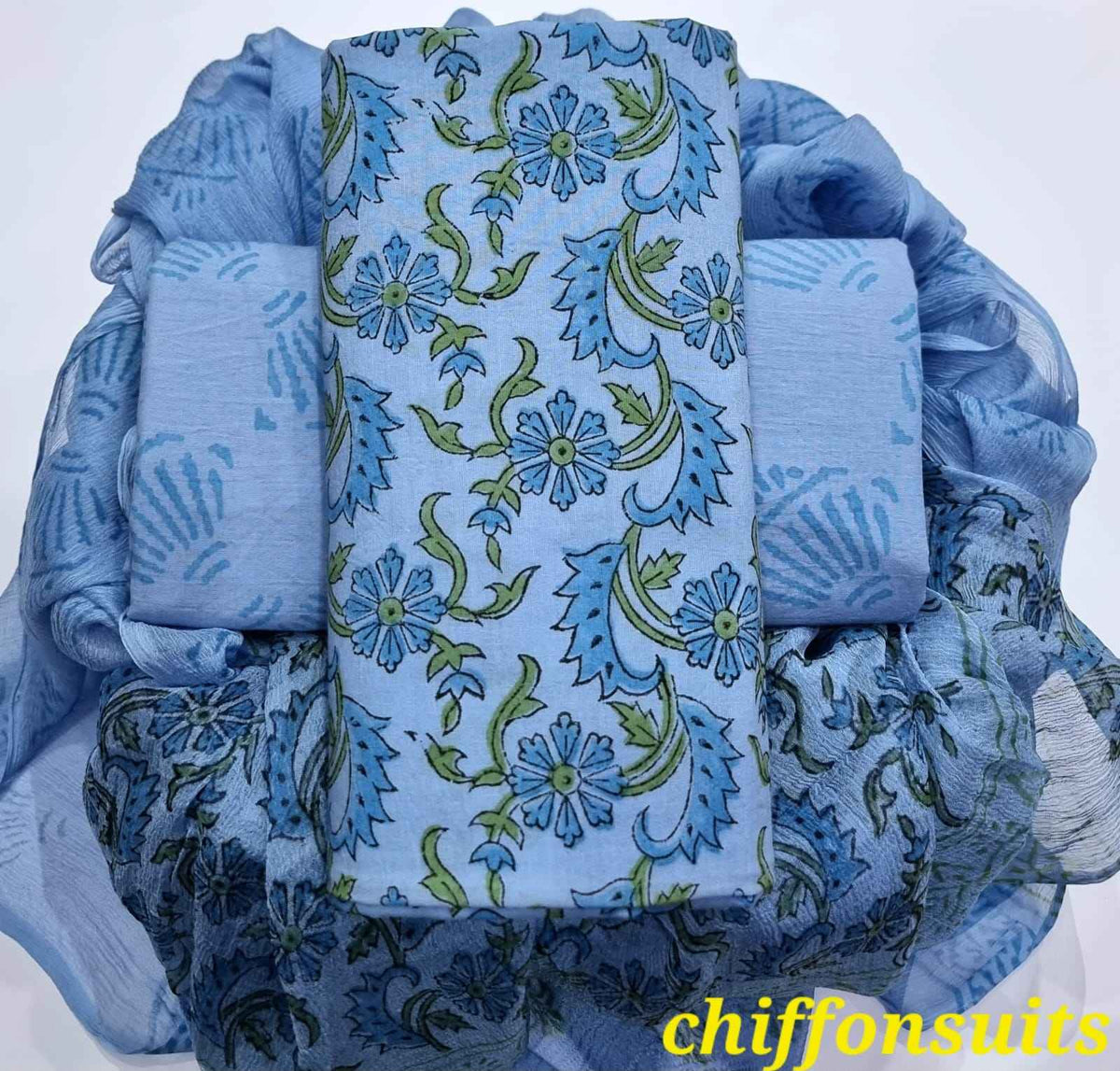Ethnic Handcrafted Block Print Cotton Suit Set with Chiffon Dupatta