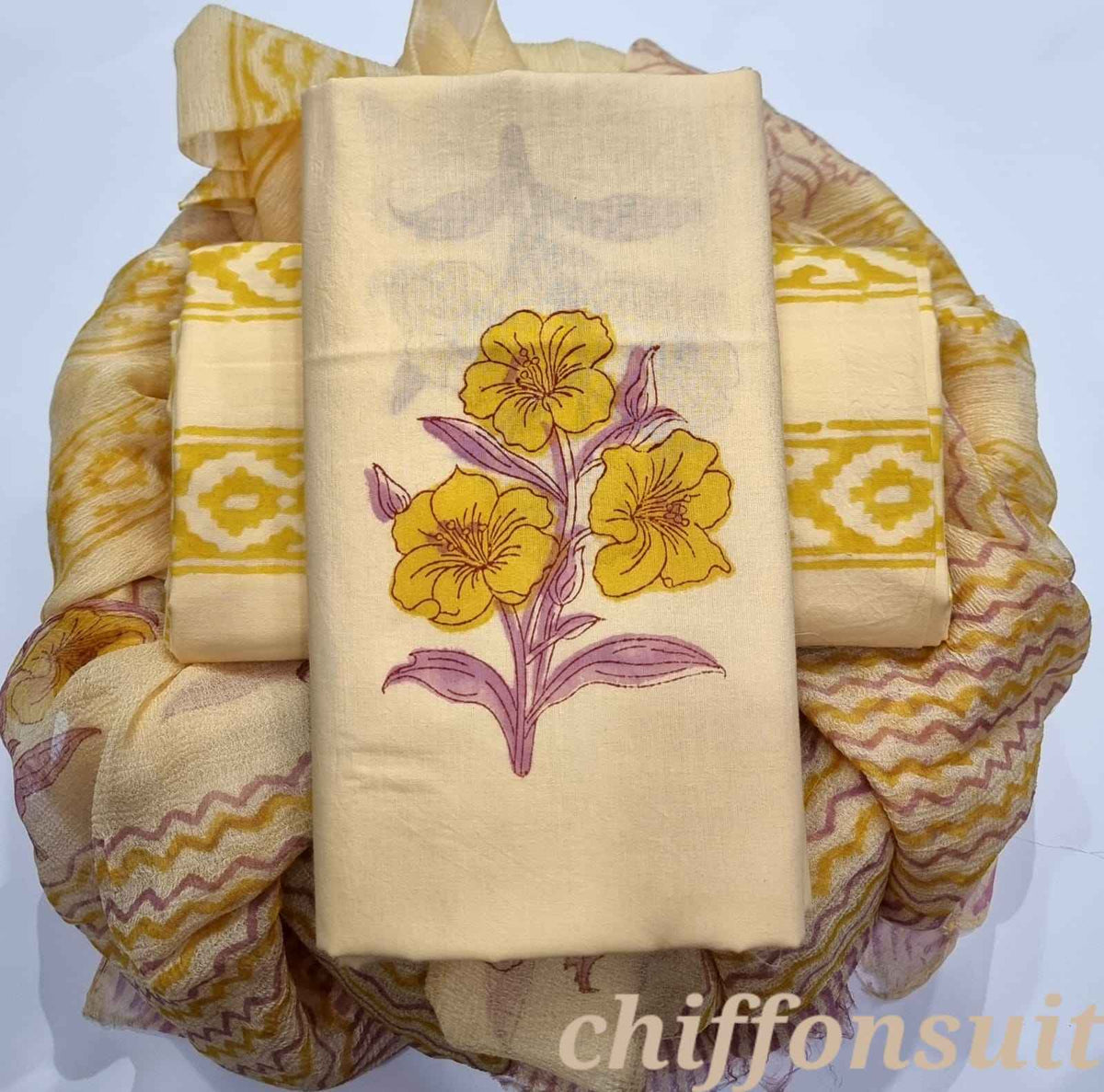 Ethnic Handcrafted Block Print Cotton Suit Set with Chiffon Dupatta