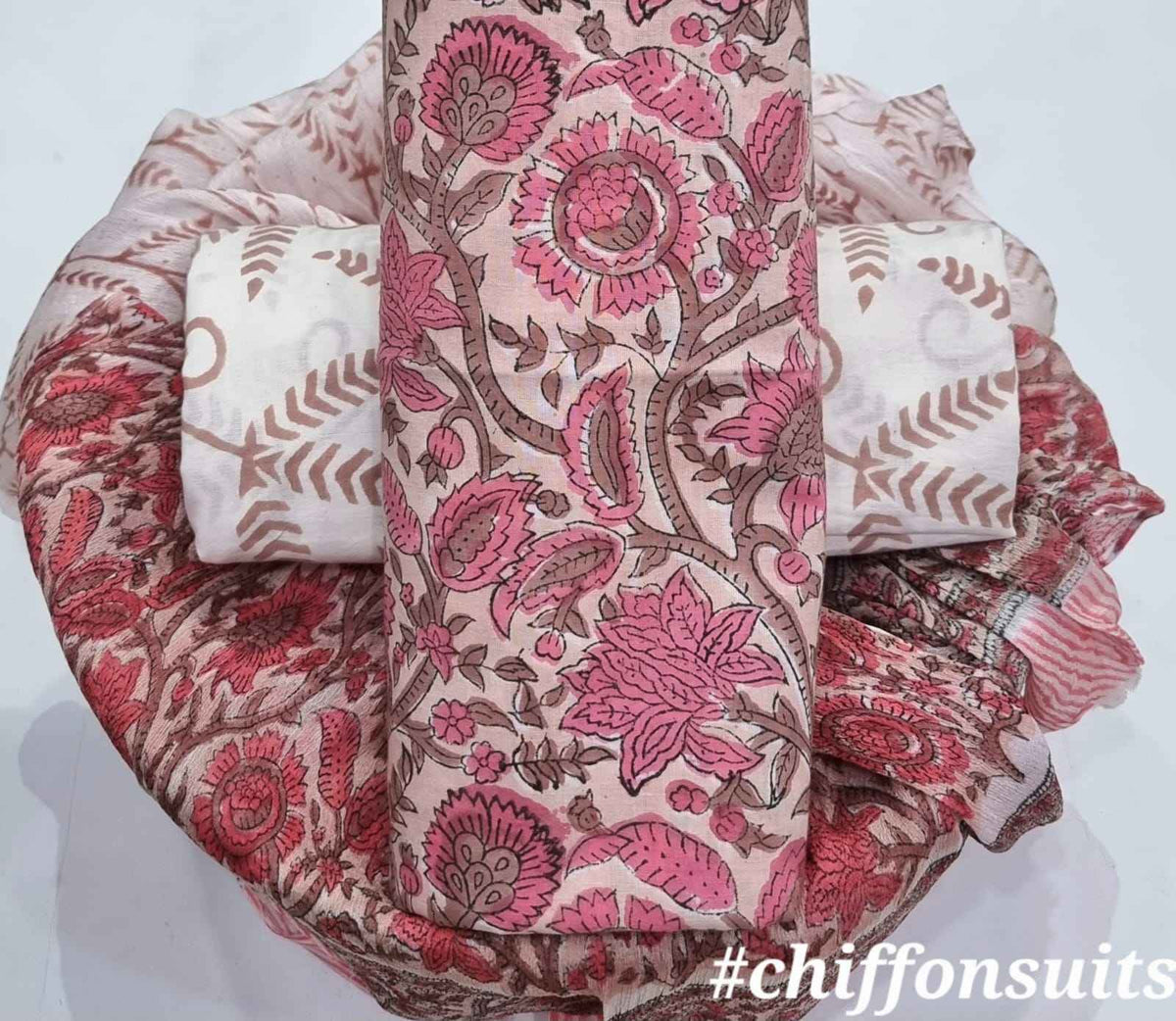 Ethnic Handcrafted Block Print Cotton Suit Set with Chiffon Dupatta