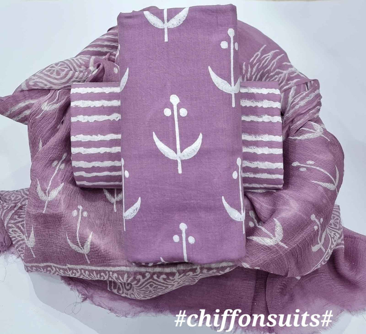 Ethnic Handcrafted Block Print Cotton Suit Set with Chiffon Dupatta