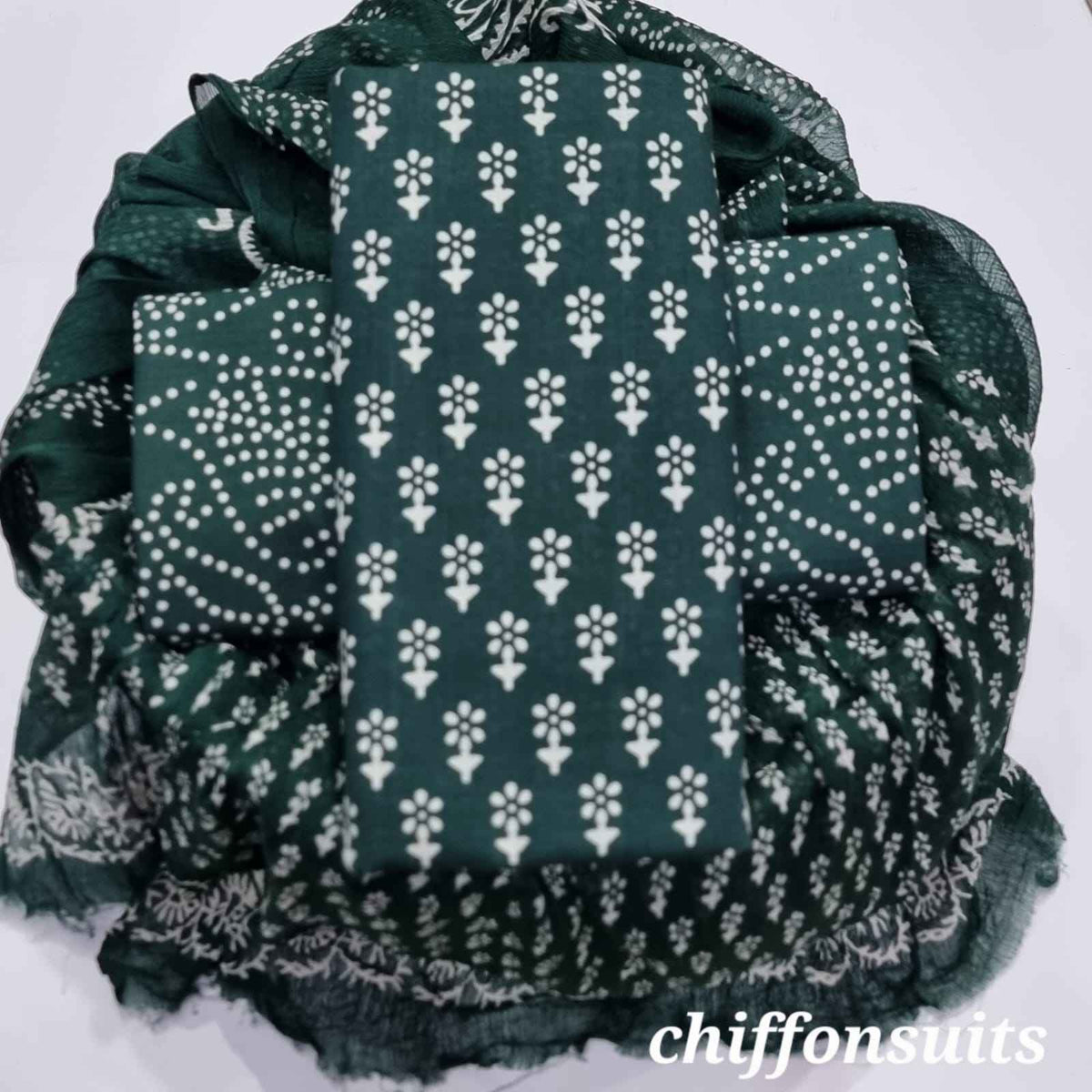 Ethnic Handcrafted Block Print Cotton Suit Set with Chiffon Dupatta
