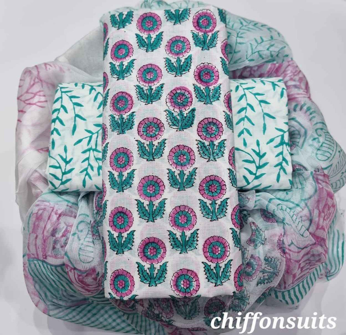 Ethnic Handcrafted Block Print Cotton Suit Set with Chiffon Dupatta