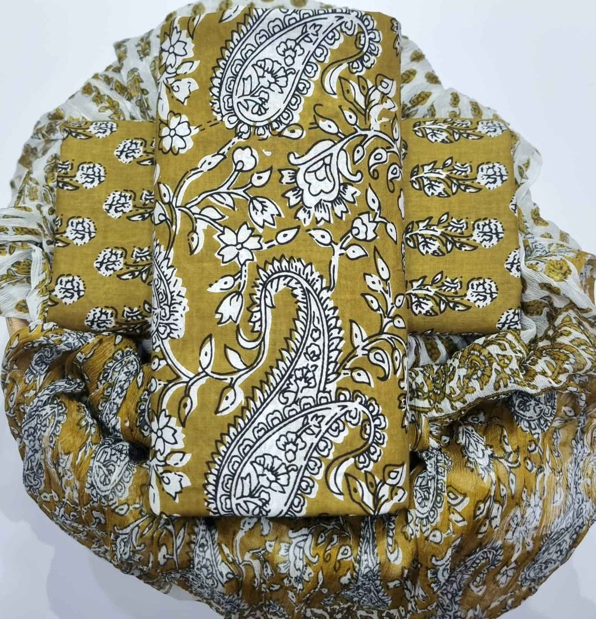 Ethnic Handcrafted Block Print Cotton Suit Set with Chiffon Dupatta