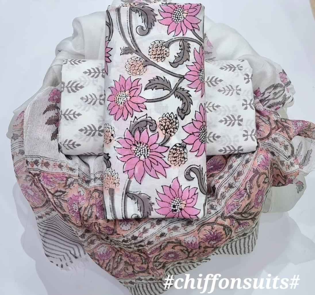Ethnic Handcrafted Block Print Cotton Suit Set with Chiffon Dupatta